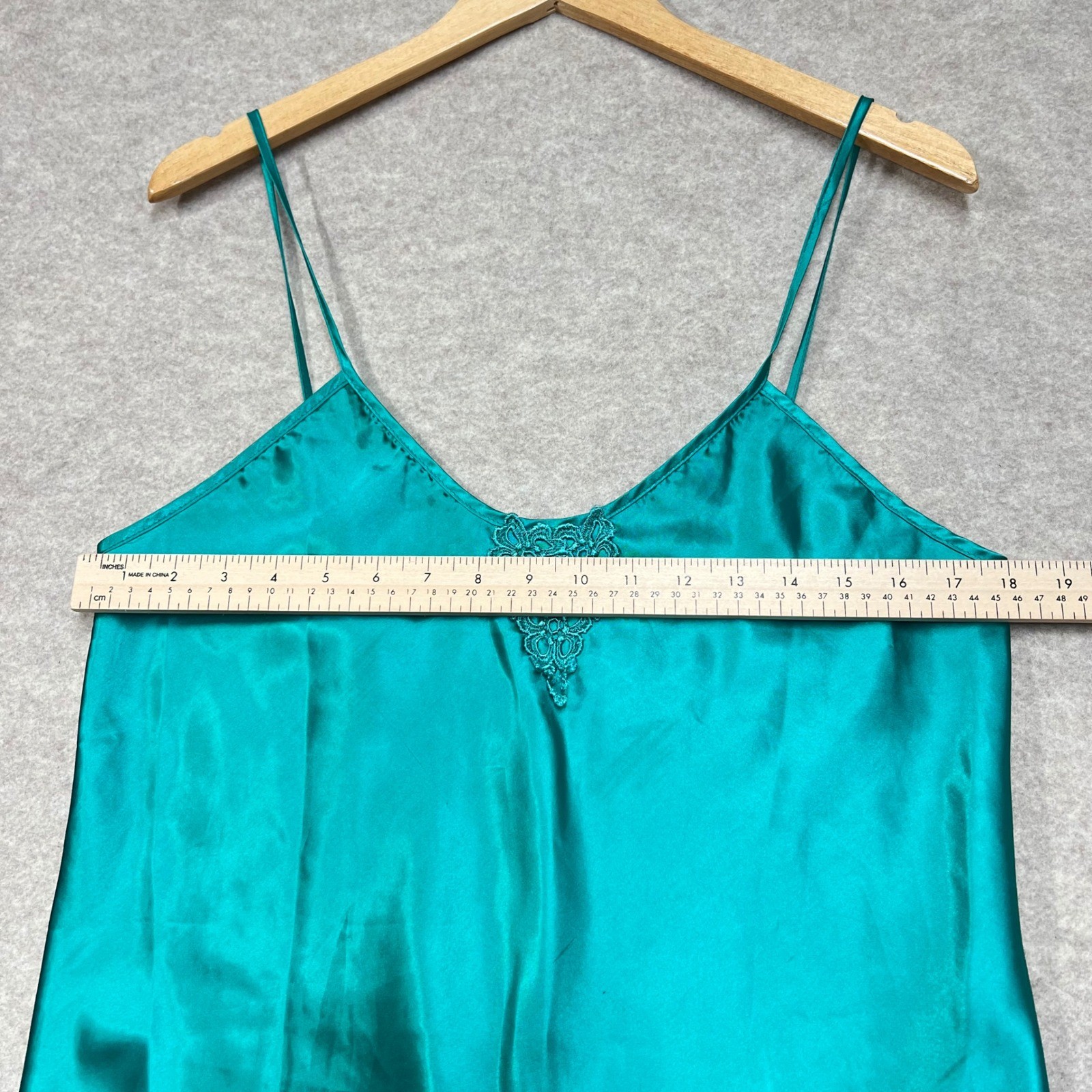Vintage California Miss Teal Green Satin Chemise Nightgown Lace Trim Medium GUC
