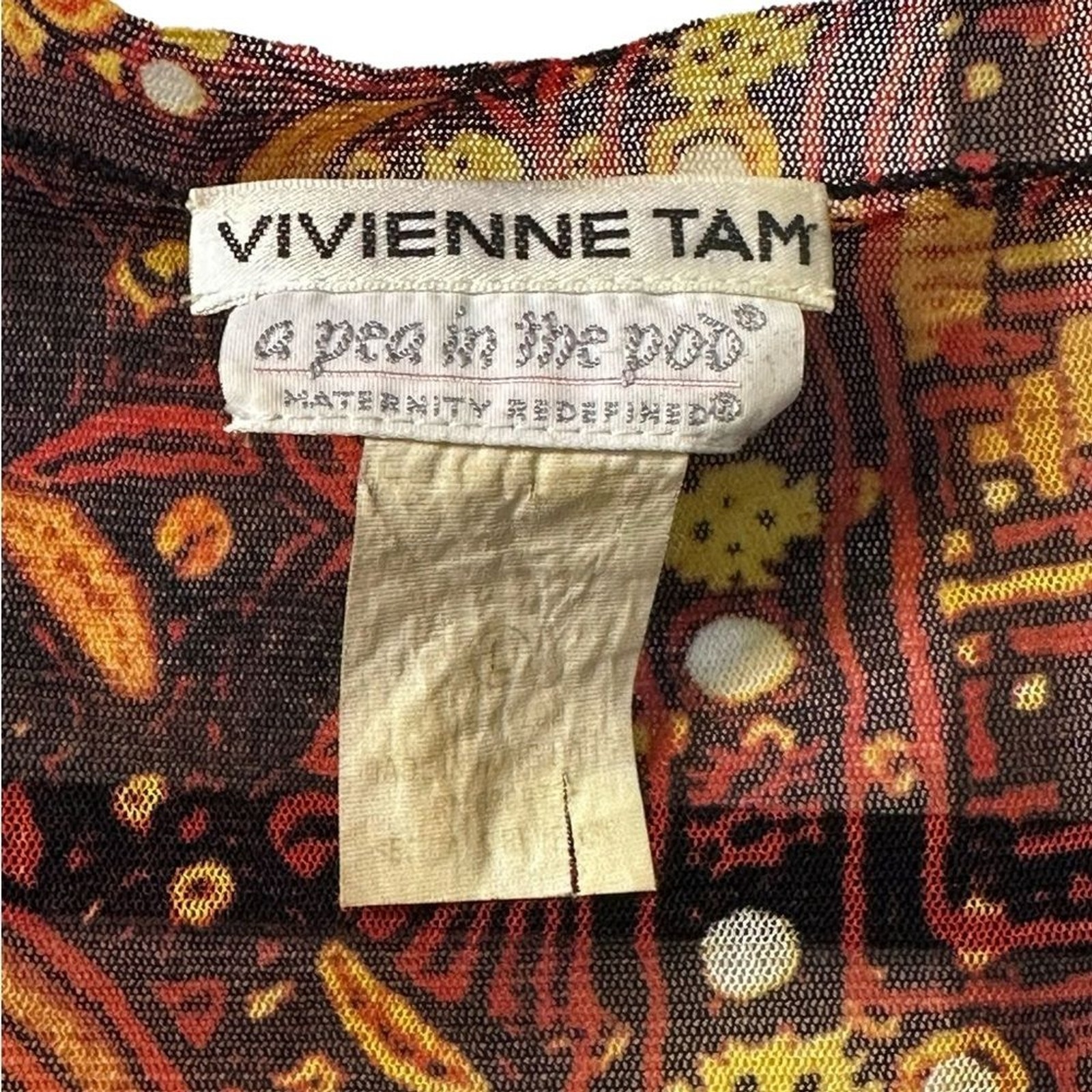 Vivienne Tam Vintage 1990s Black Yellow Floral Boho Print Stretch Mesh Top L XL