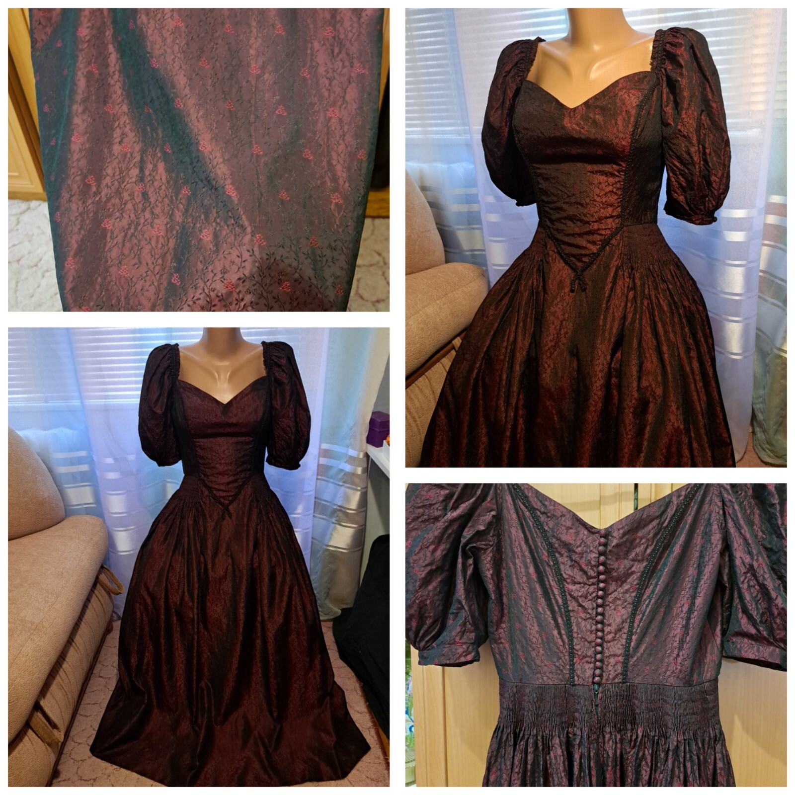 Vtg Edwardian Revival Gothic Burgundy Dress S C-D Bust Silk Blend Puff Sleeves
