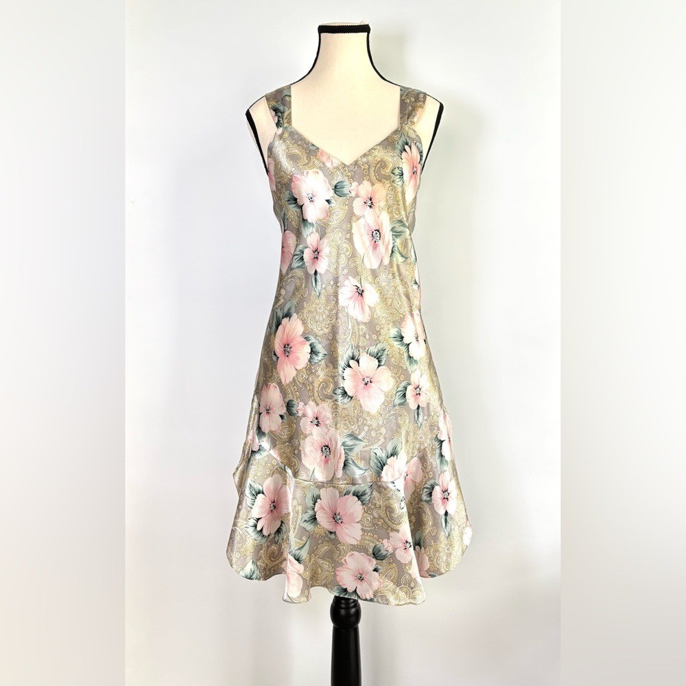 Vintage Satin Chemise Slip Dress 80’s Coquette Ruffle Floral Pinup Girl Glam