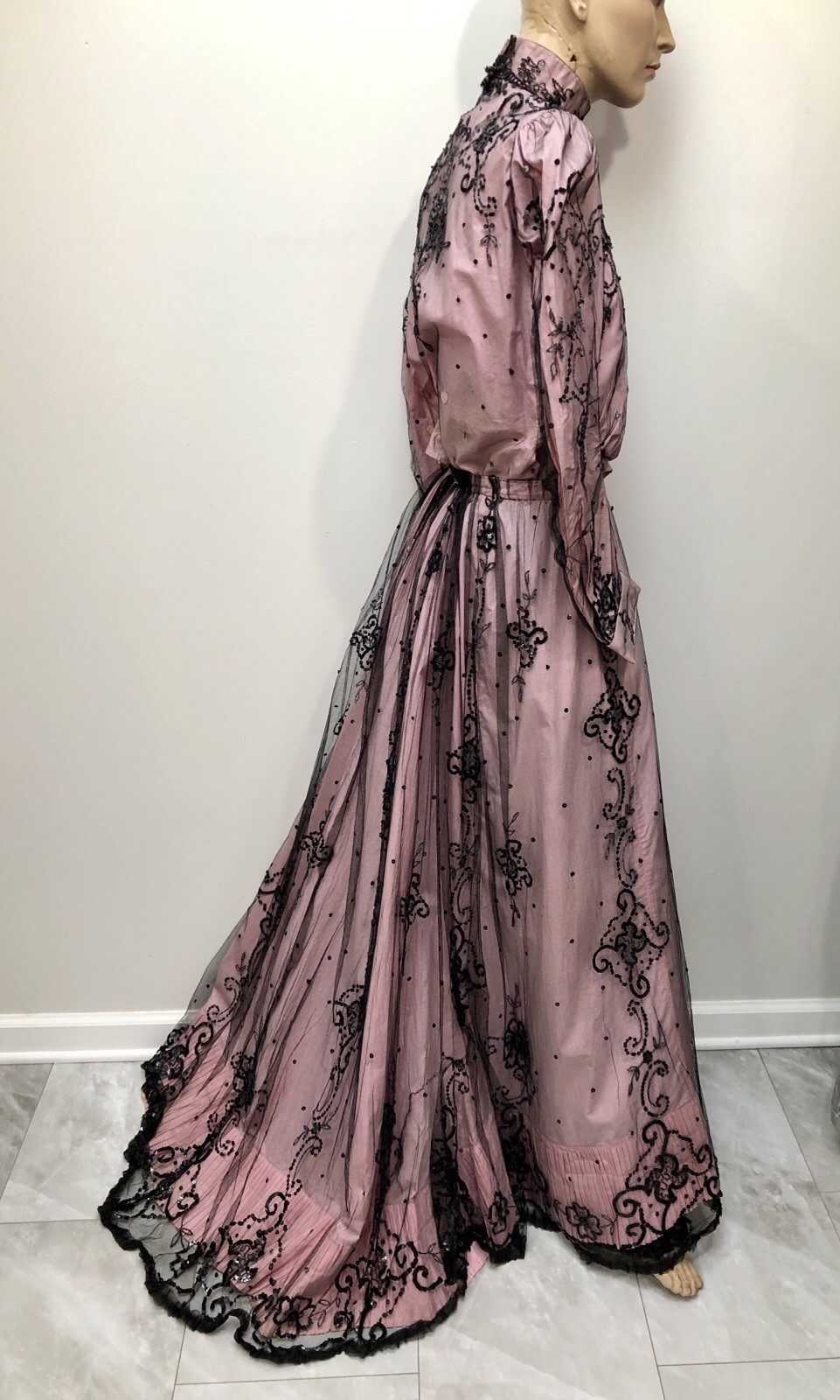 ANTIQUE VICTORIAN Early 1900s GIBSON GIRL PINK+Black JET SEQUIN BEADED 3Pc GOWN