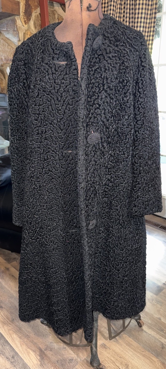 Vintage Halldonn Lustrelam Black Faux Persian Lamb Long Coat Jacket