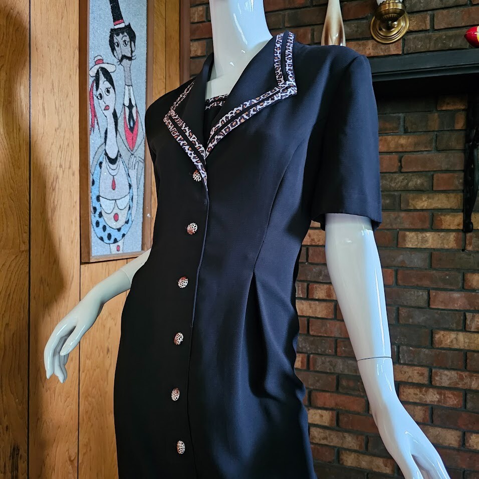 Vintage 90s Sassy Mob Wife Leopard Trim Midi Power Moves Suit Tuxedo Dress M/L