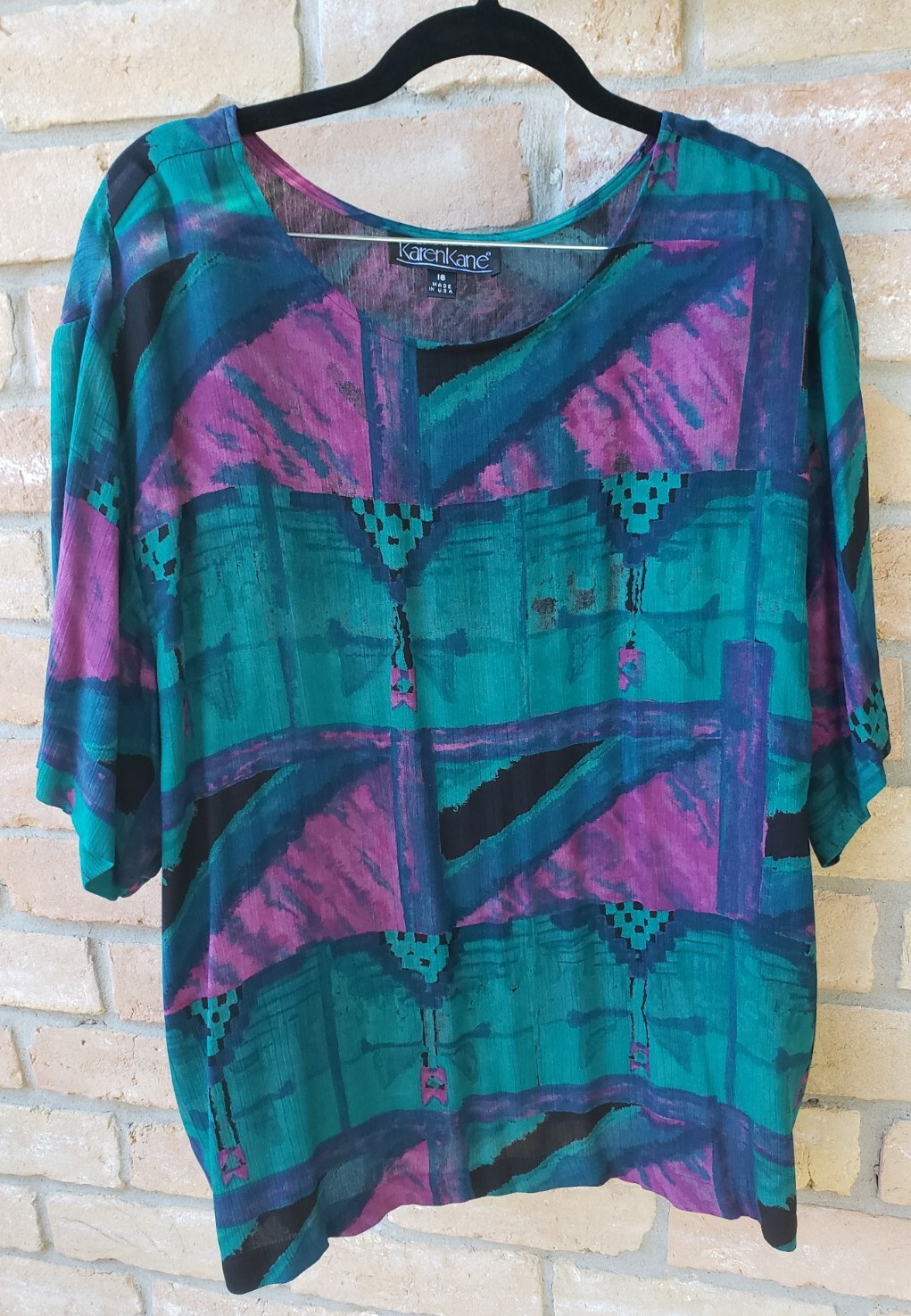 VTG 90s Karen Kane Sz 16 Multicolor Artsy Print S/S Rayon Tunic Top Shirt USA