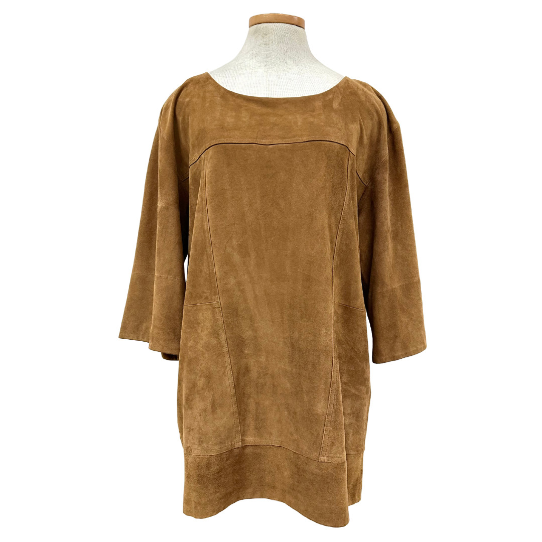 Vintage 1990s Madame A Paris Suede Slouchy Camel Mini Dress with 3/4 Sleeves