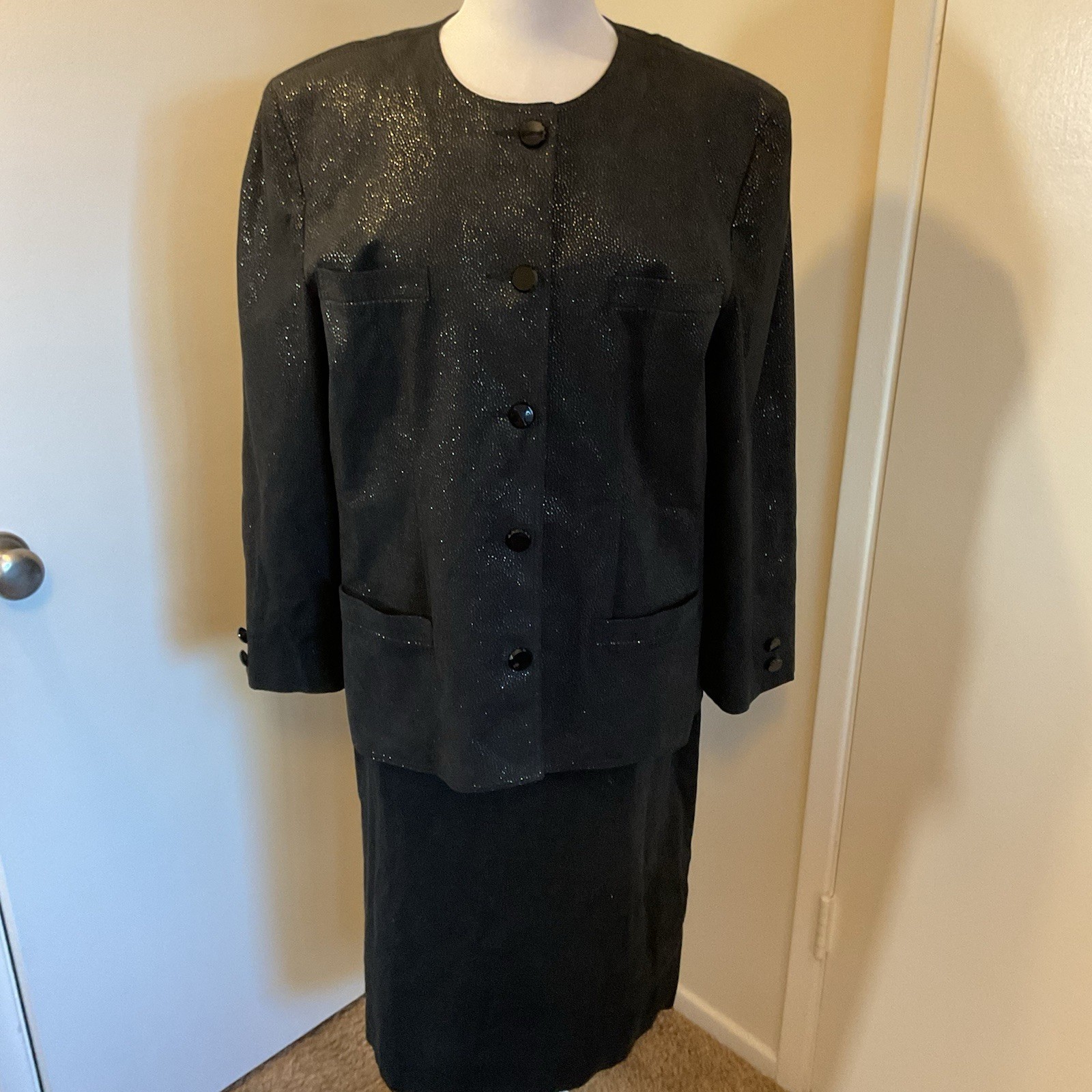 Vintage 80s Count Romi Ultra Suede Black Suit / Pencil Skirt Set Size 14