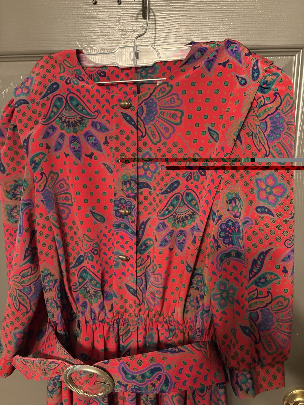 Lady Carole of New York Dress Suit Red Paisley Belted Vintage Purple Green