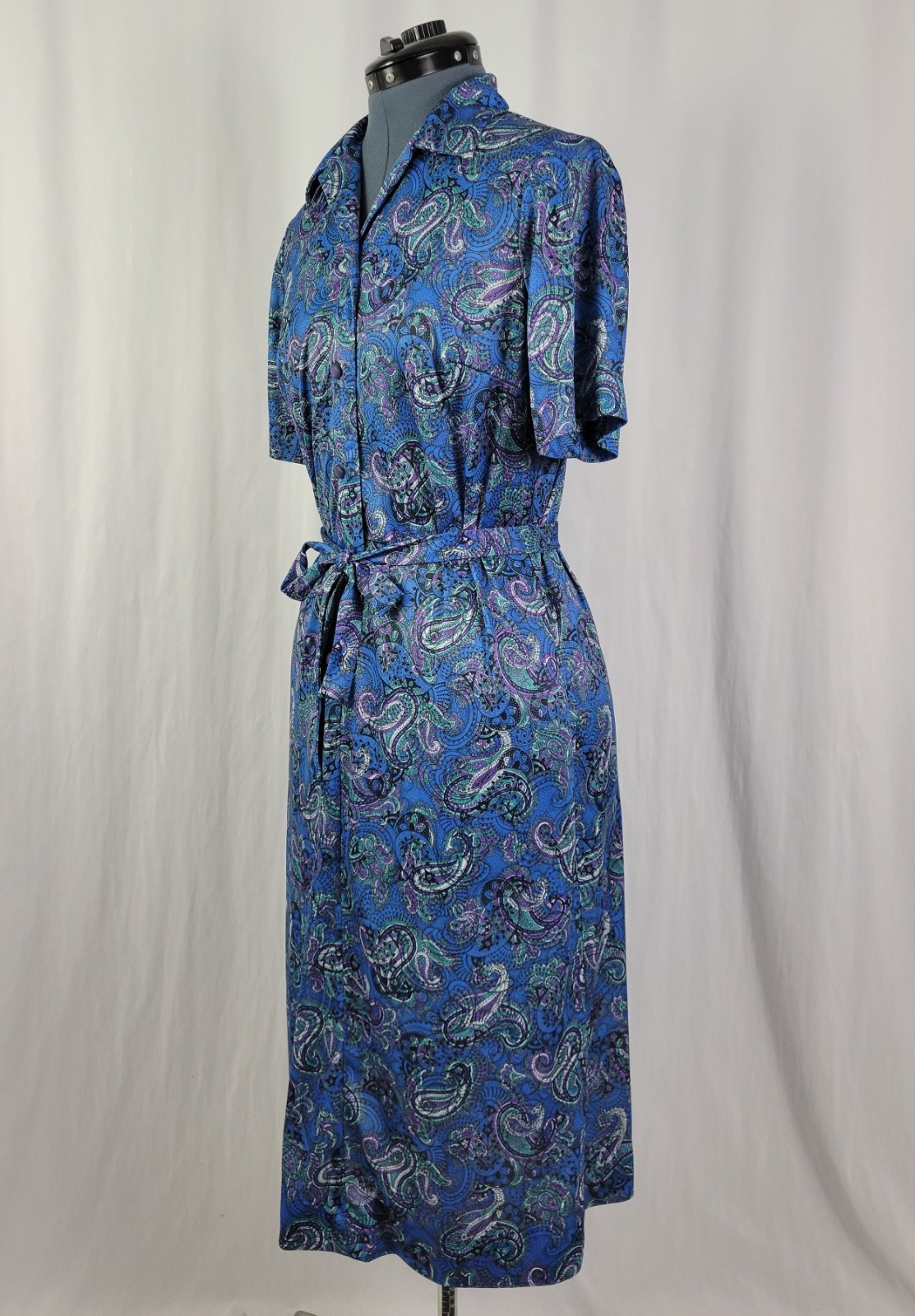 Vintage Ina Carol Blue & Purple Paisley S/S Dress w Matching Tie Belt Size 14