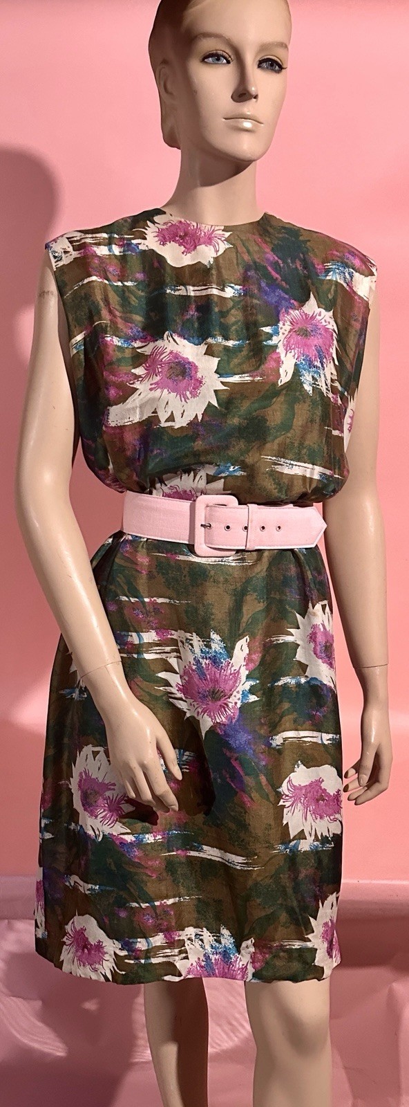 Vtg 50’s Silk Dress MCM Floral Fabric Pink, Grn Sculptured Charm Lora Lennox