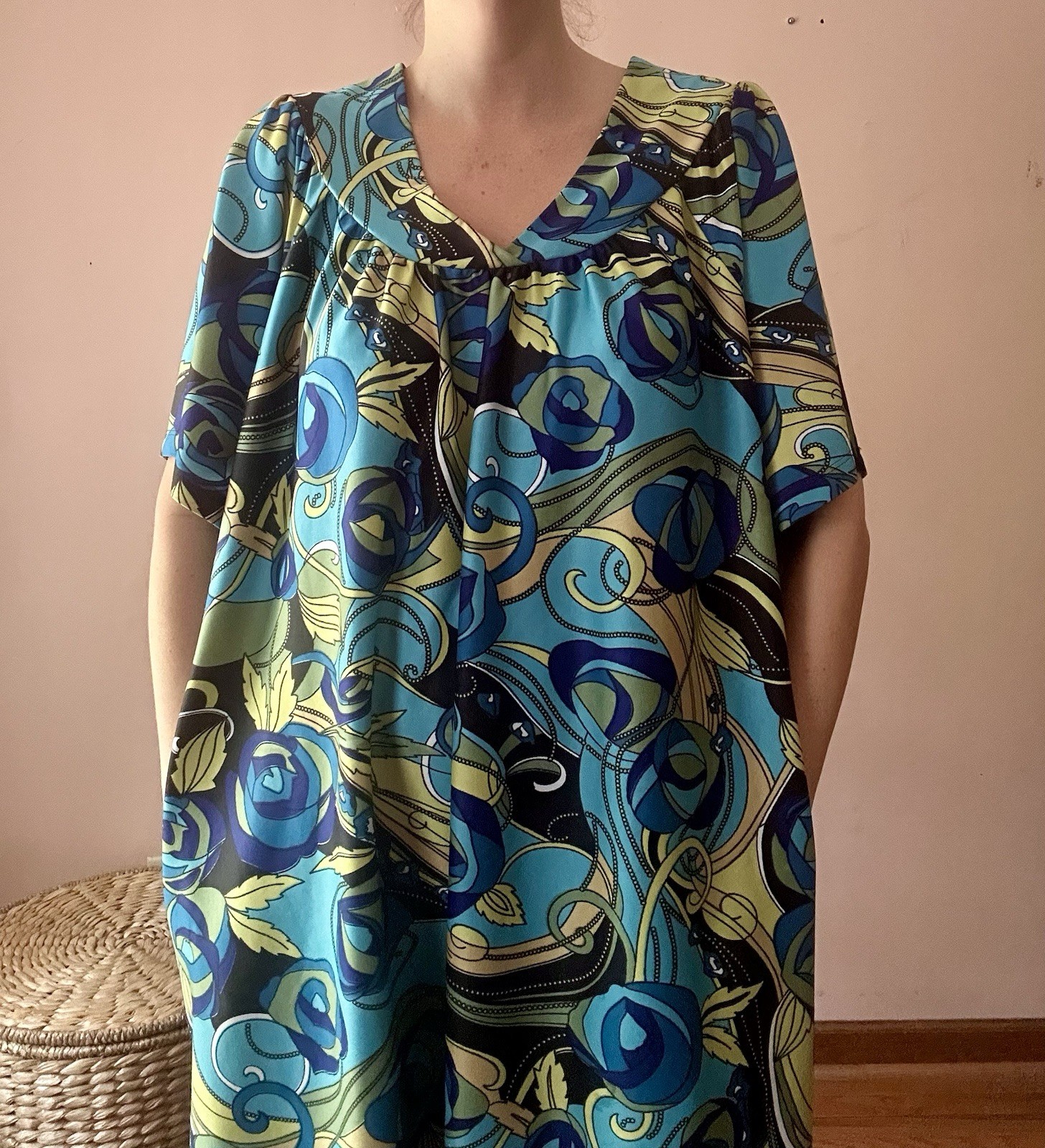 Vintage 70s Blue Psychedelic Caftan Tent Trapeze House Dress Pockets Hippie Boho