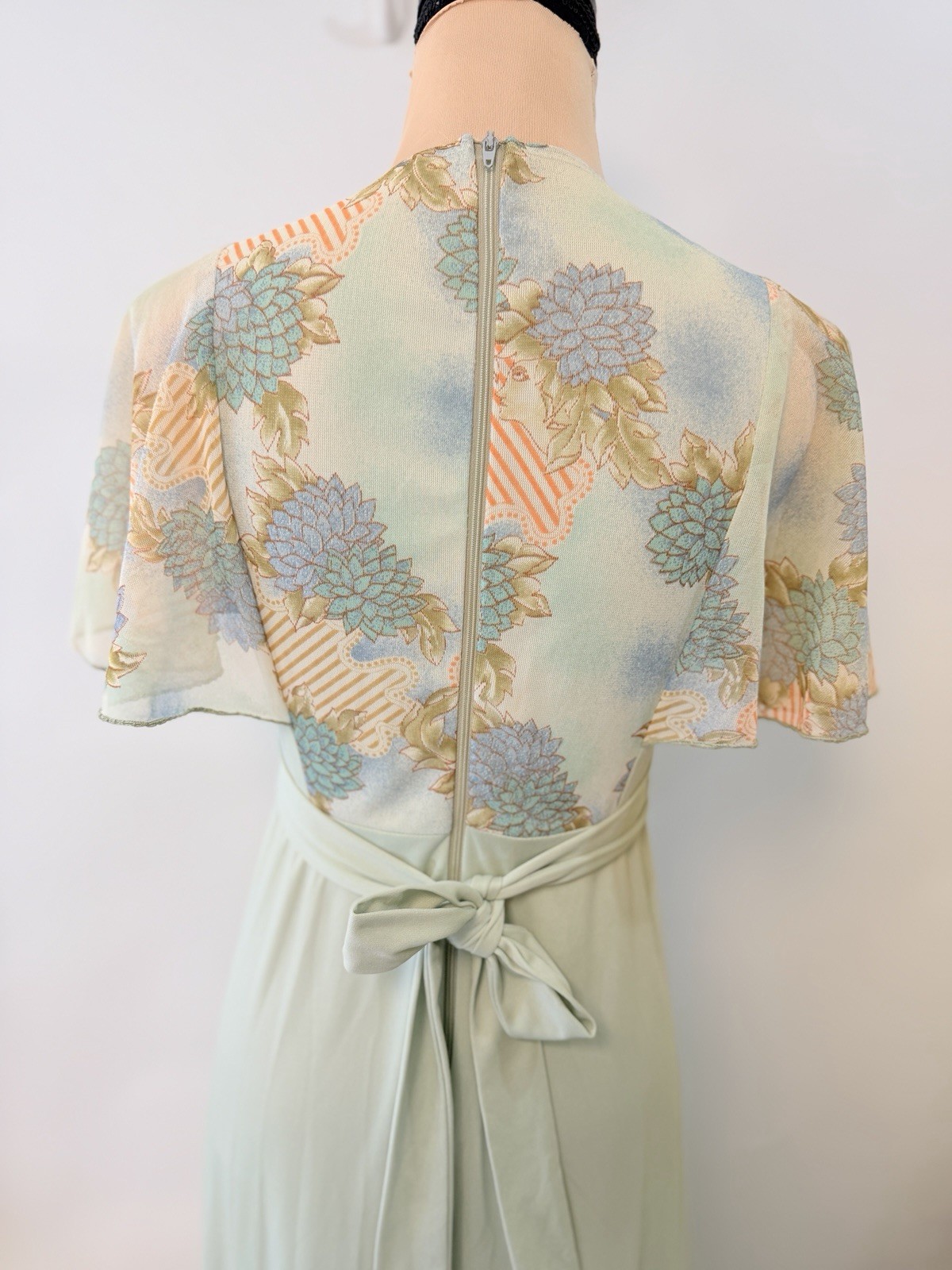 Vintage 70s Angel Sleeve Floral Lady Maxi Jade Green Dress Hippie Small Unique