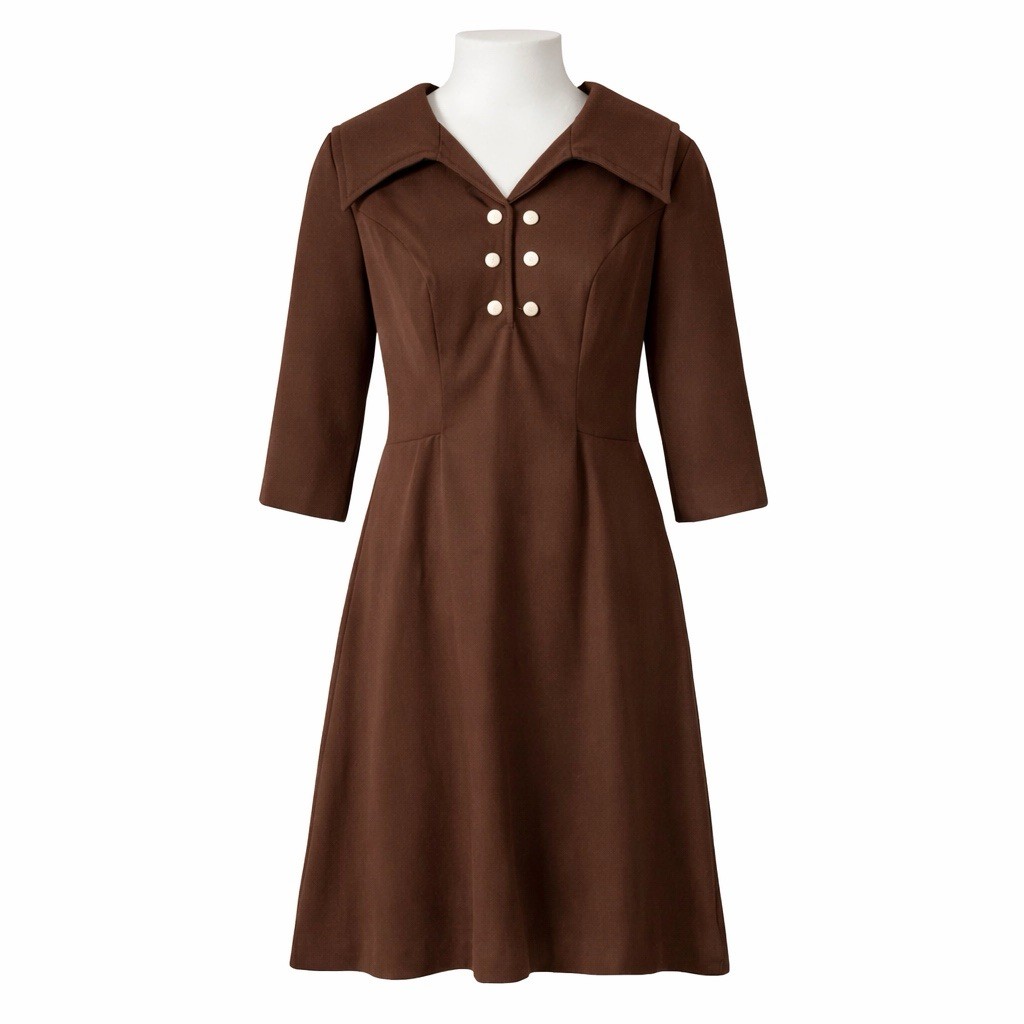 1970s Women’s Handmade Dress Sz S Brown Polyester A-Line Wide Collar Midi