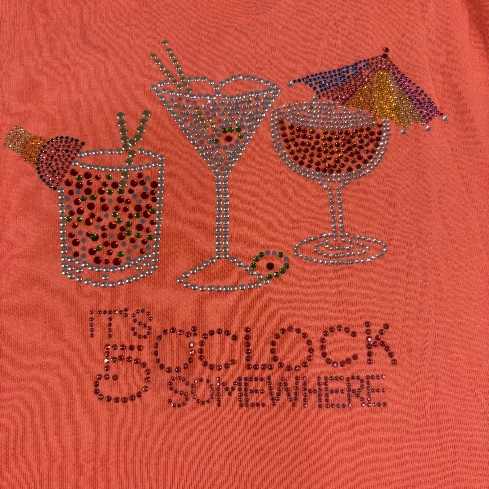 america casual pink coral its 5 o’clock somewhere bedazzled top dad core y2k