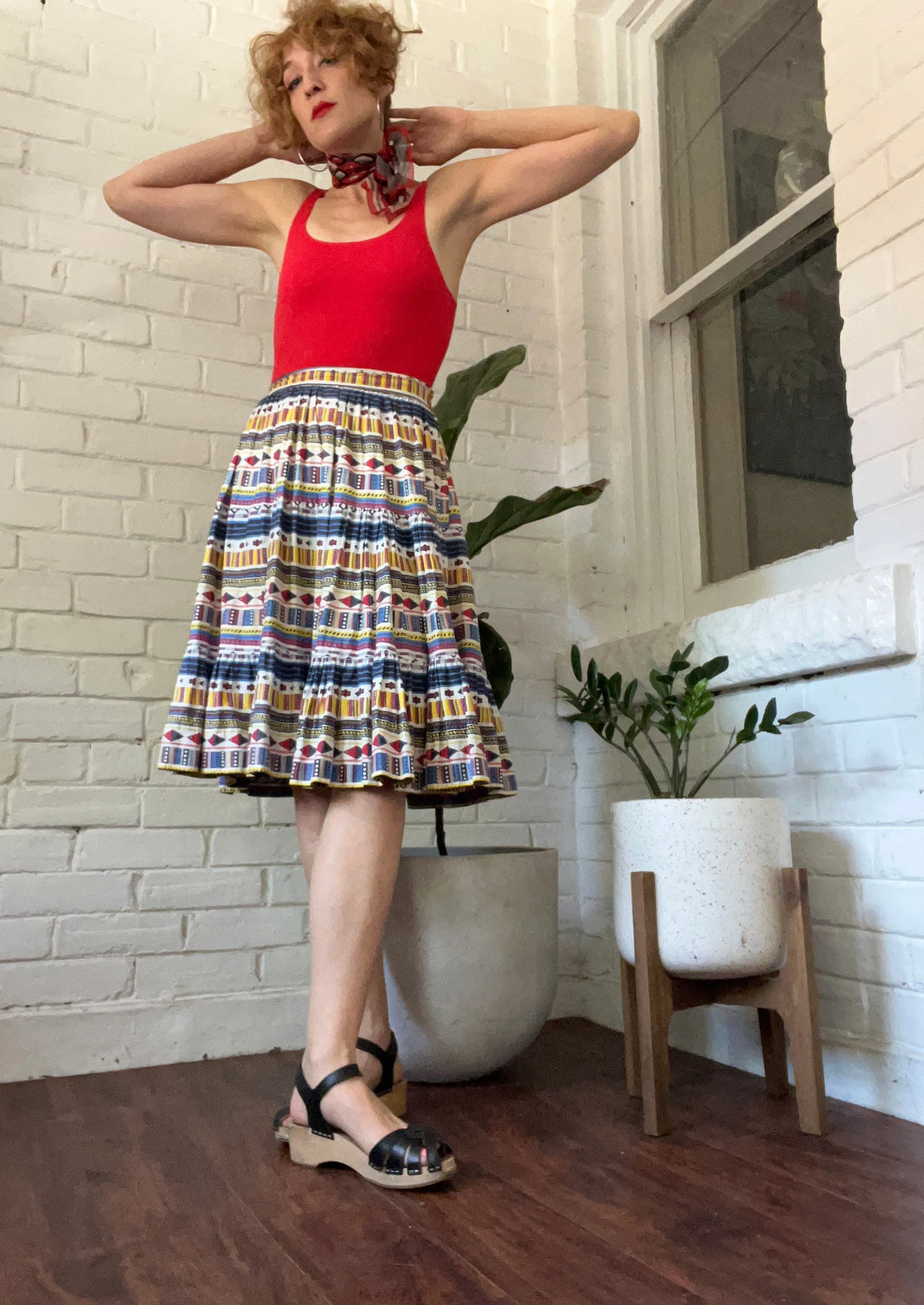 GEOMETRIC STRIPE Vintage 1950s Tiered Cotton Swing Skirt Bright Primary Colours