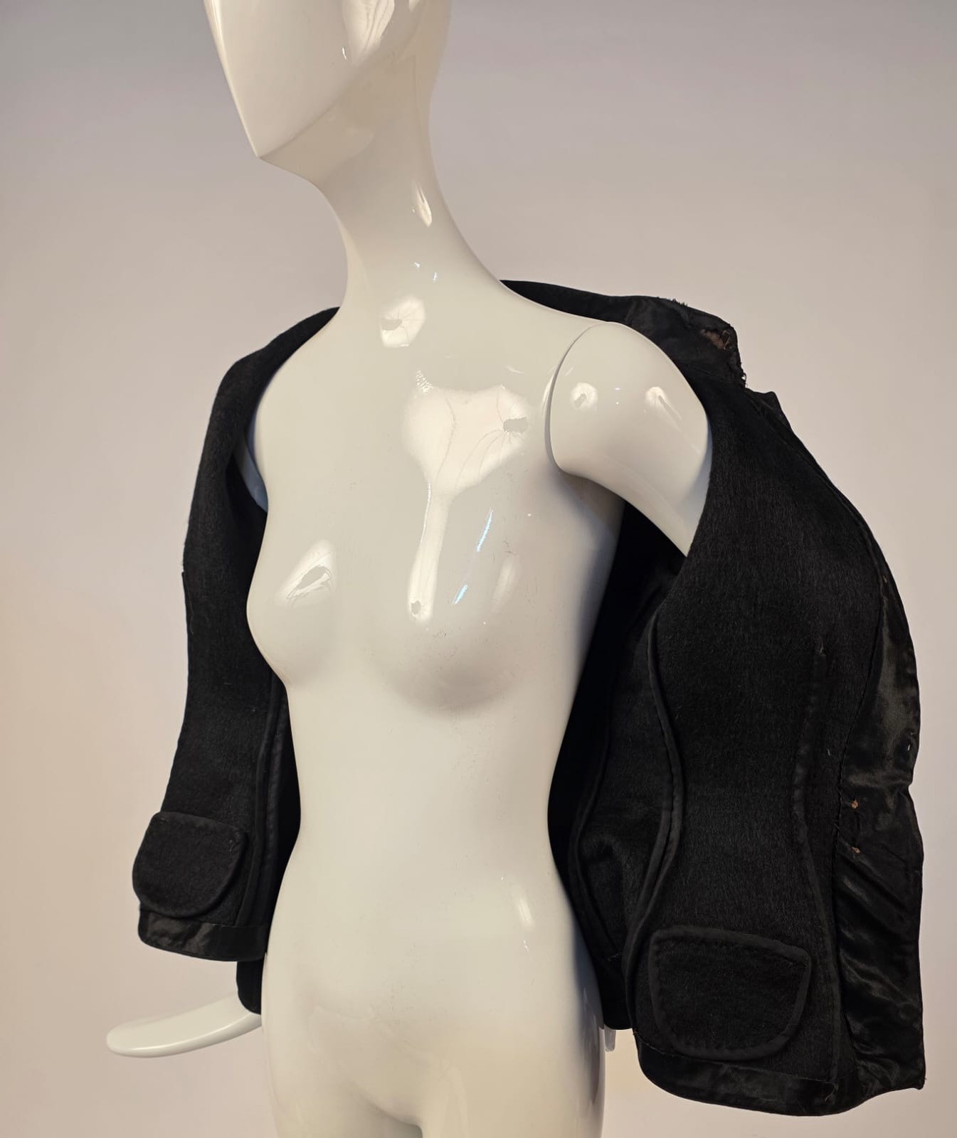 VICTORIAN 19TH C BLACK THICK JERSEY DBLE BUTTON BUSTLE BACK JACKET