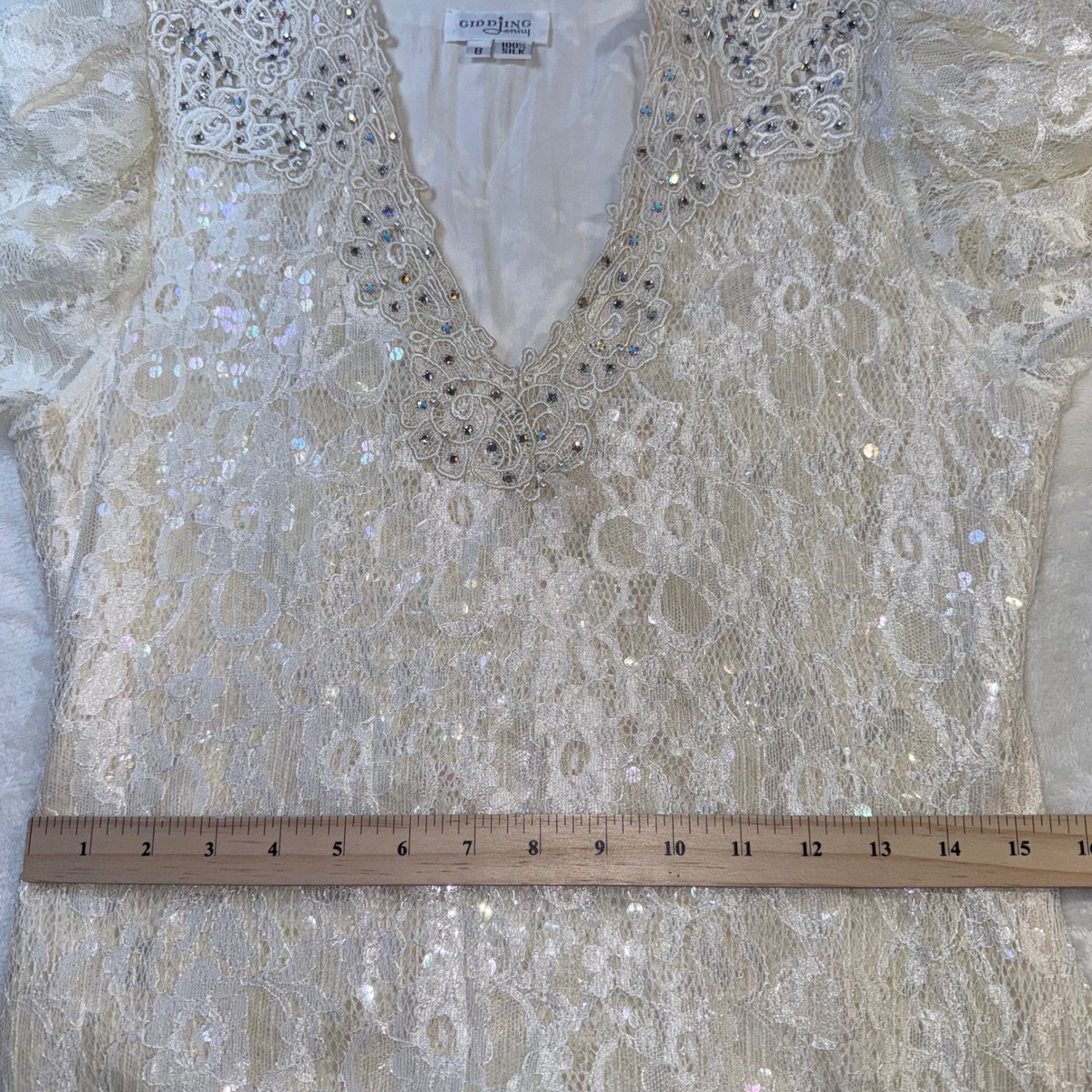Gidding Jenny Long Sleeve Dress 8 100% Silk Lace Gown Beaded V-Neck 20th Century
