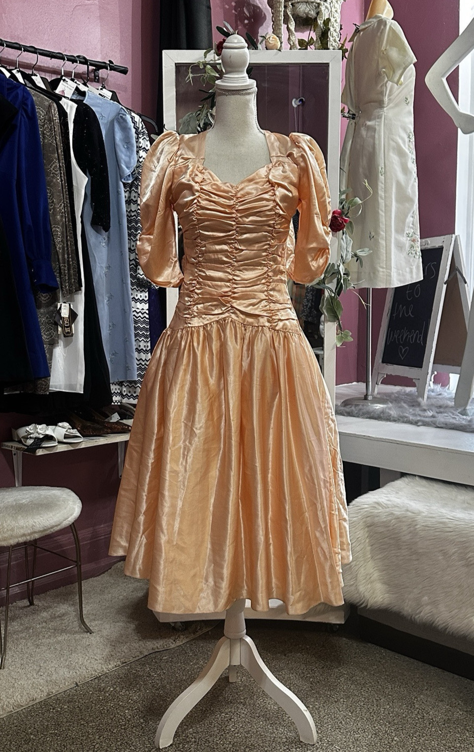 Vintage 80s Does 40s Liquid Satin Prom Party Dress Fit & Flare Peach Pink XS