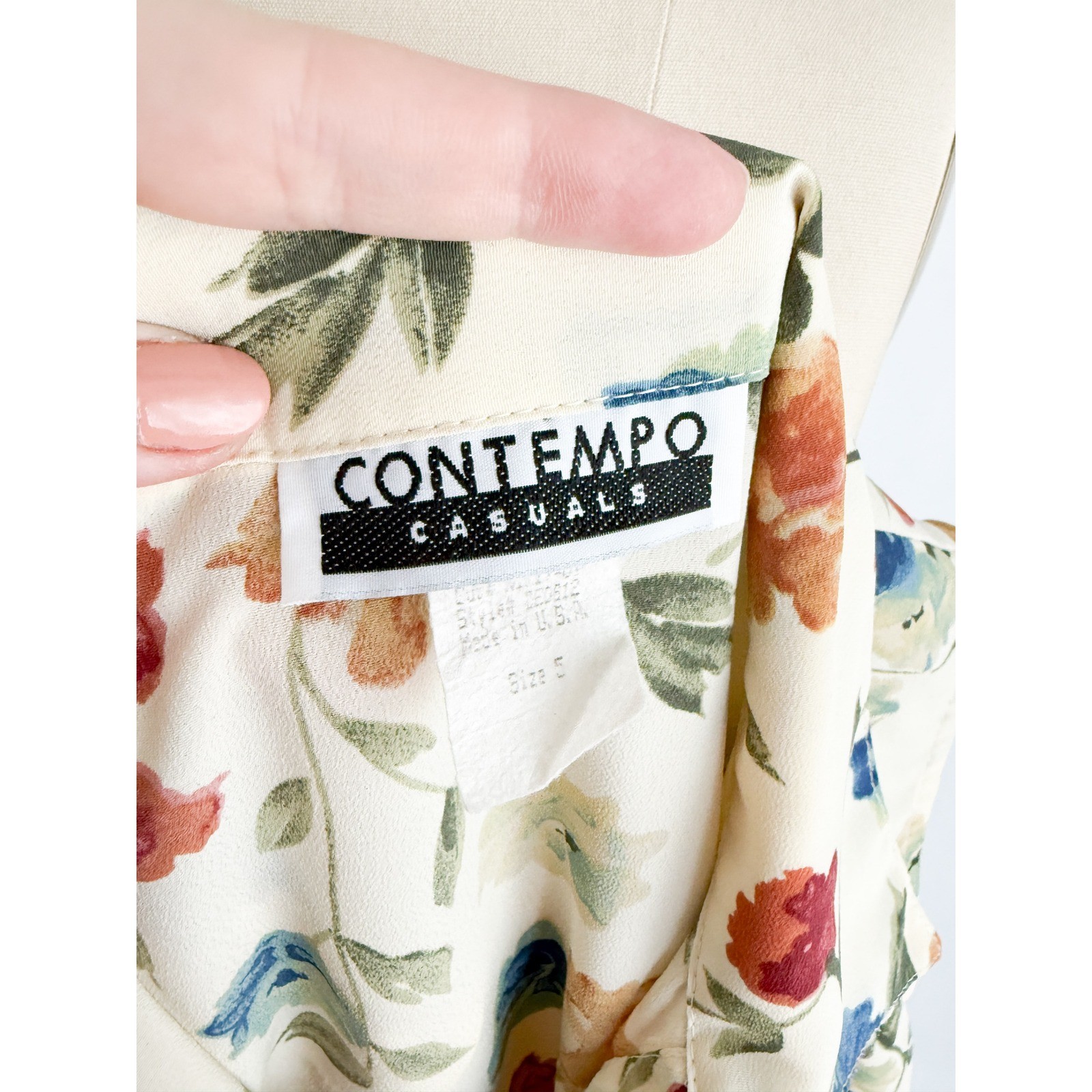 Contempo Casuals Mini Dress Vintage 90s Floral Sleeveless Collared Small Cream