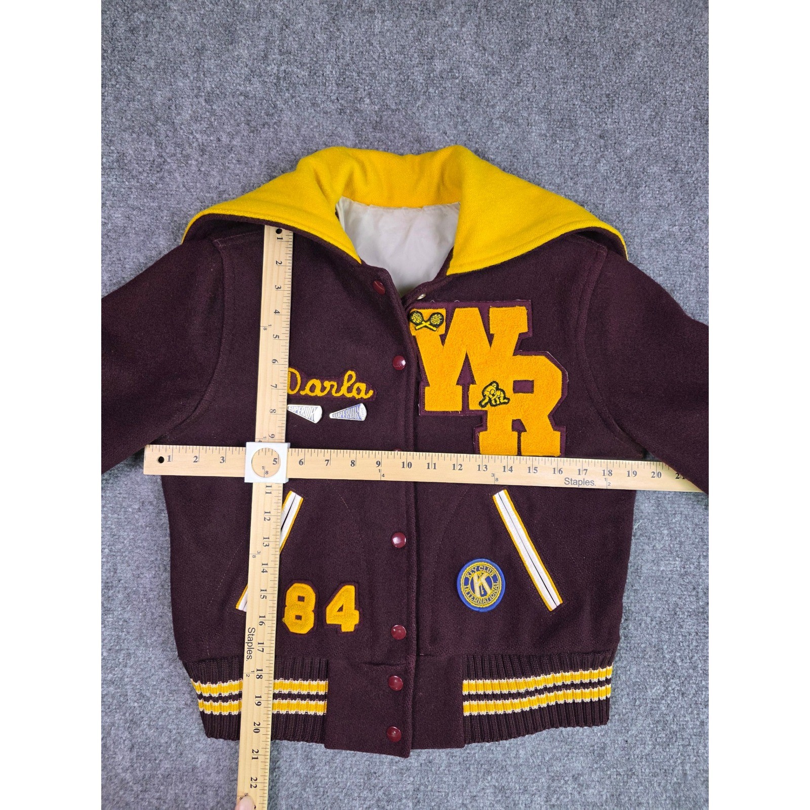 Vintage 80s Wool Cheerleader Letterman Varsity Jacket Maroon Gold Hooded Womens