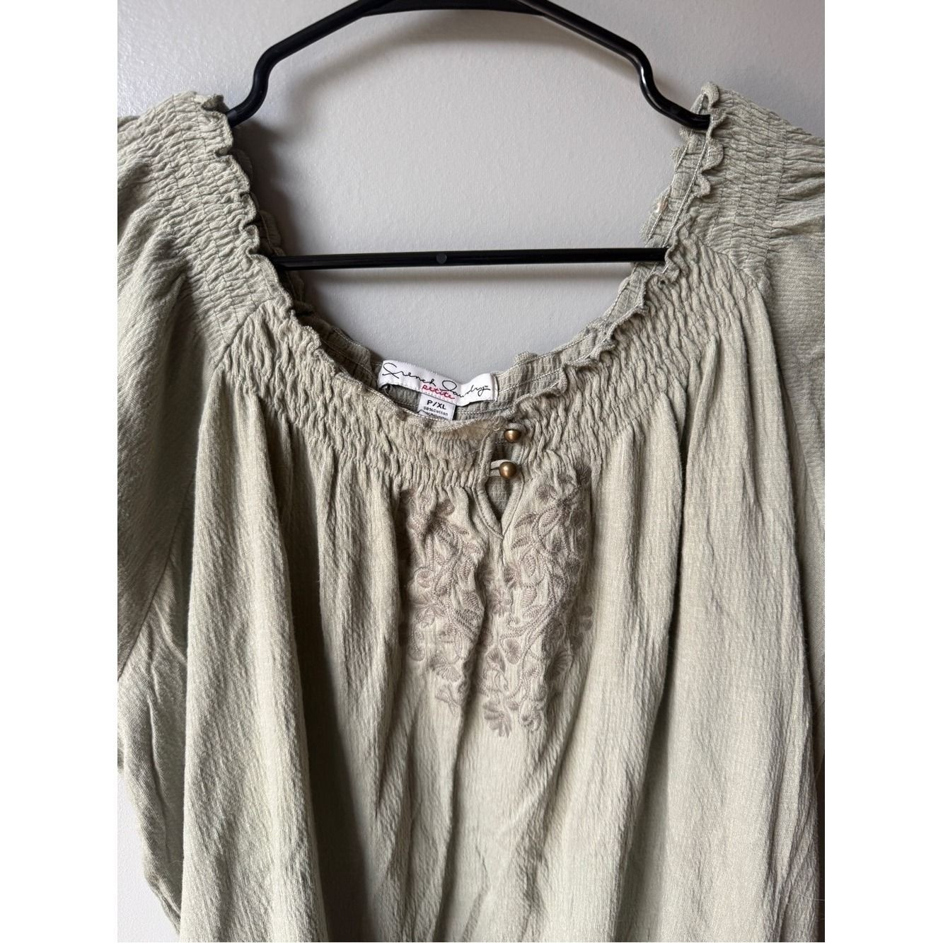 Forest Green Boho Peasant Blouse Embroidered Gauze Cottagecore Women’s XL