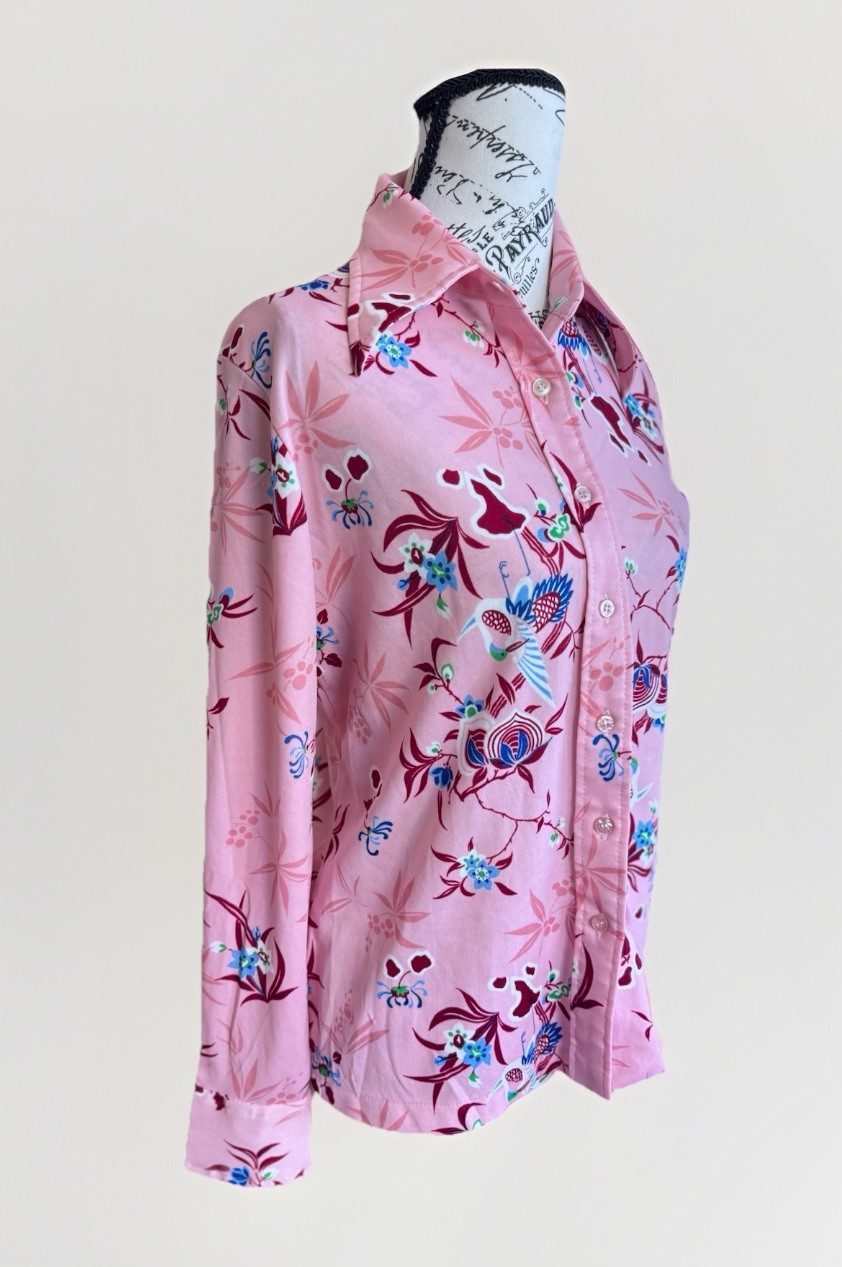 Vintage 70s Lerner Shops Pink Boho Birds & Floral Long Sleeve Button Down Top