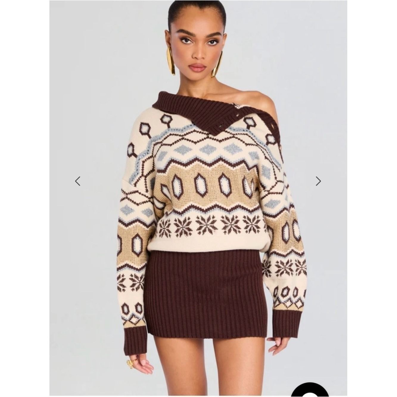 Retrofete Off-Shoulder Fair Isle Sweater in Cream, Brown and Light Blue