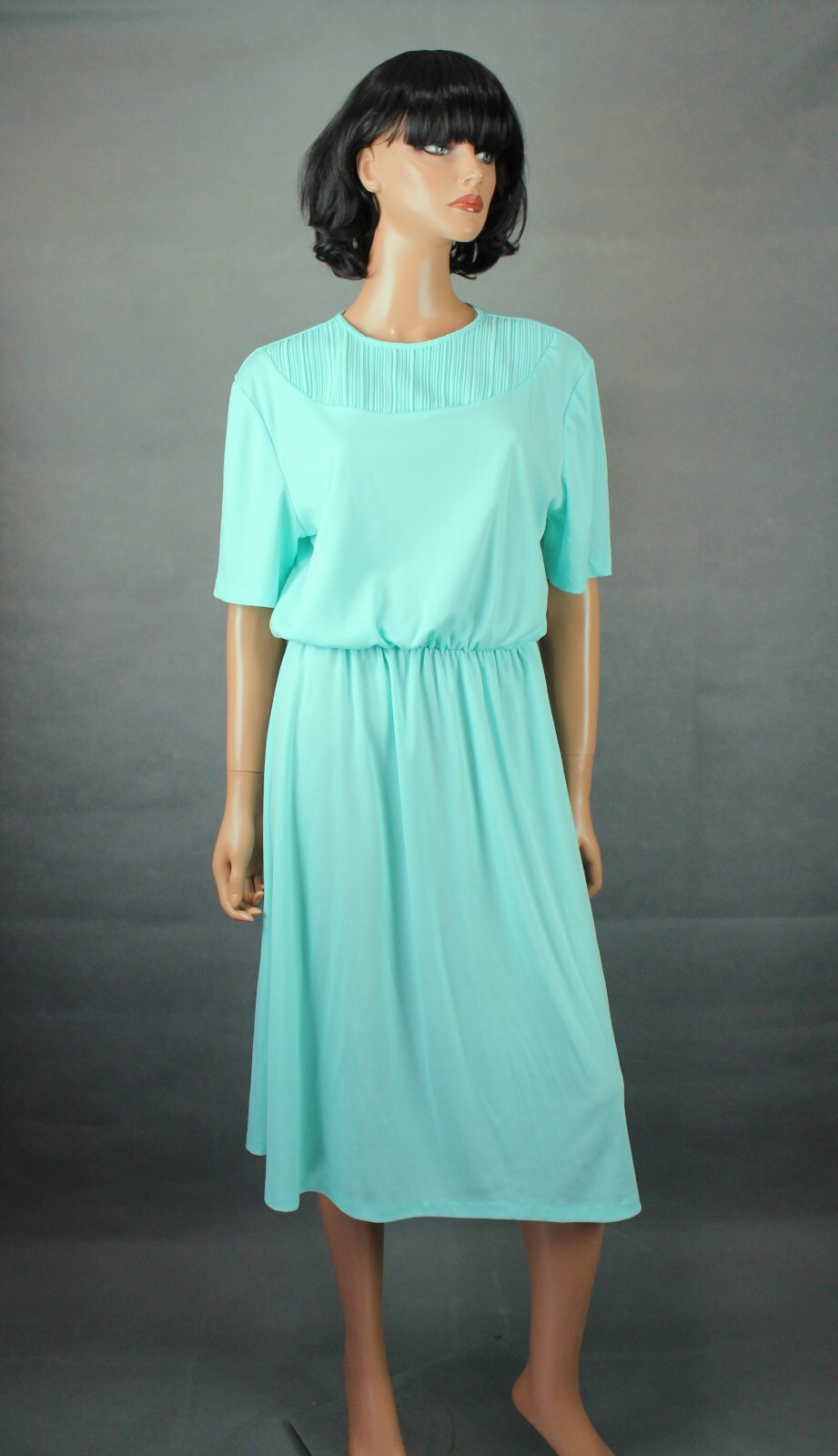 80s Secretary Dress Sz L Vintage Pastel Aqua Blue Green Short Sleeve Stretchy