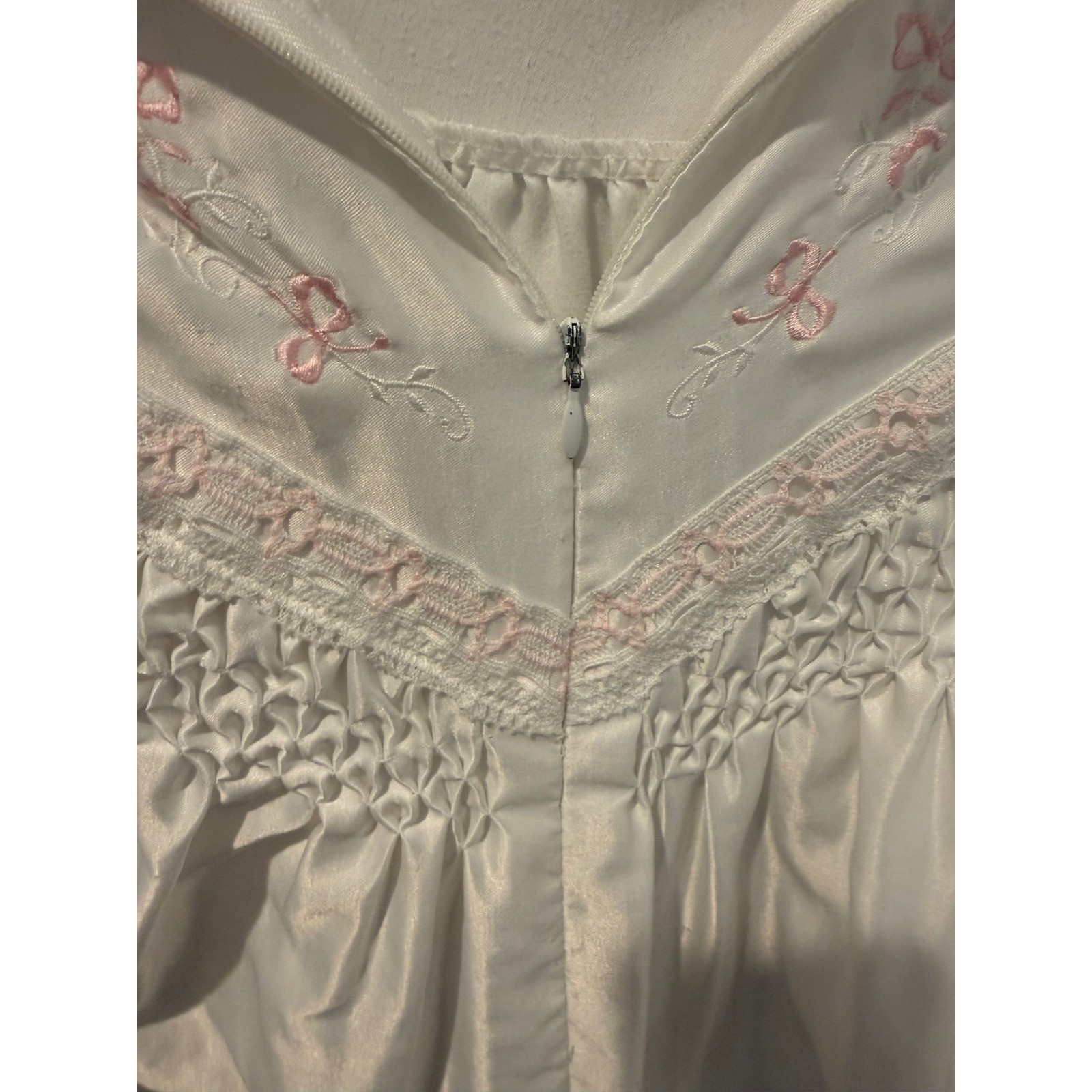 Vintage Barbizon White Satin Nightgown Pink Floral Smocked Cottagecore 70s 80s