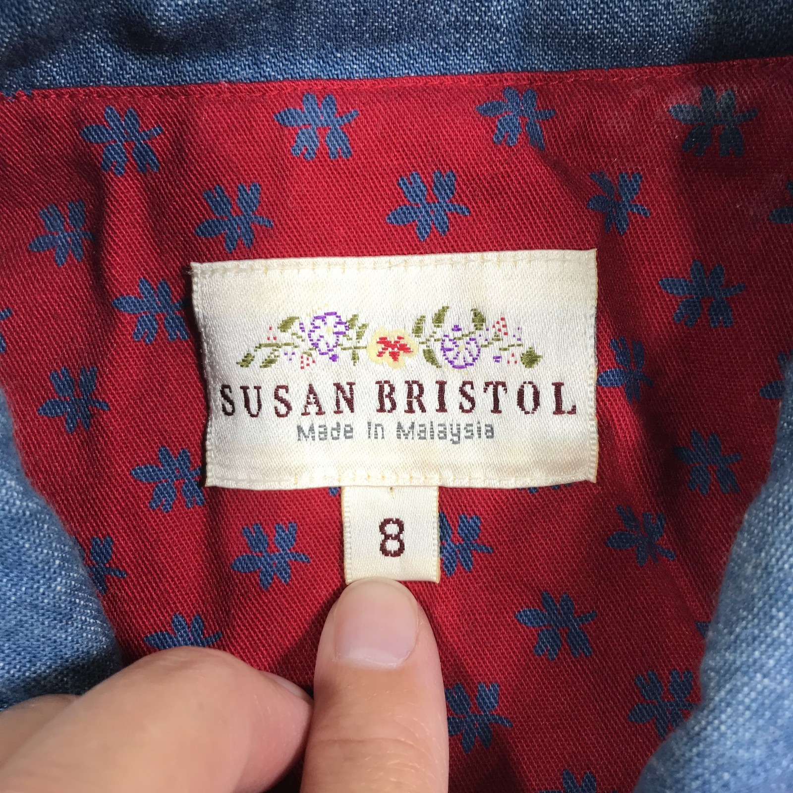Vintage Susan Bristol Dress Womens 8 Floral Denim Trim Western Farm Prairie 90s