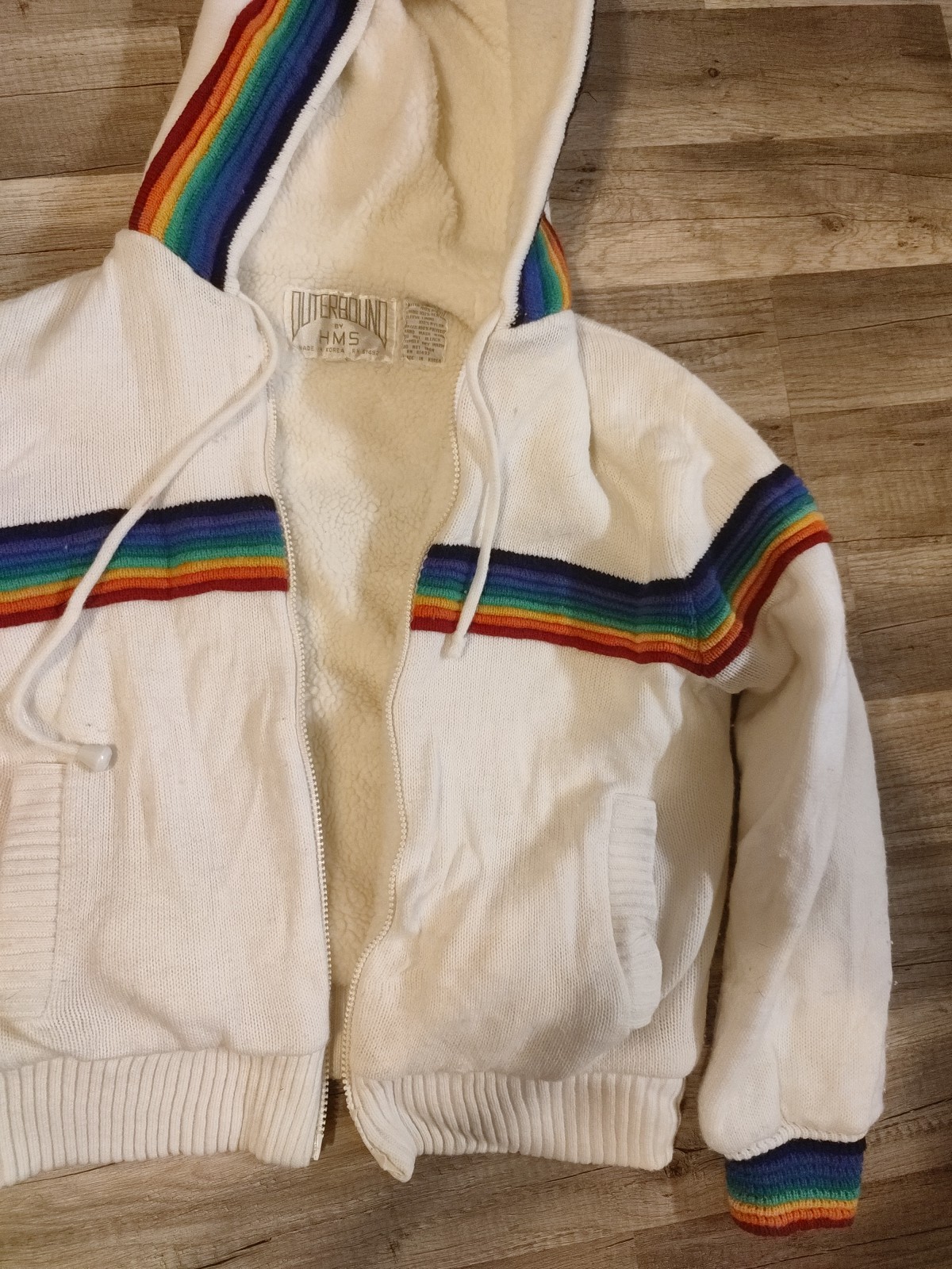 VTG 80s Outerbound Fair Isle Knit Sherpa Lined Hood Pockets Bomber Jacket Sz M