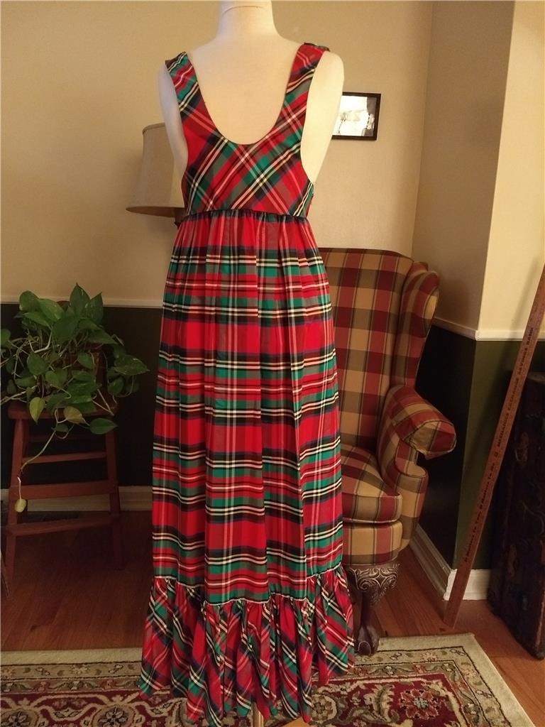 Vintage 1970s 1960s Loomtogs Taffeta Plaid Maxi Length Christmas Dress – Small