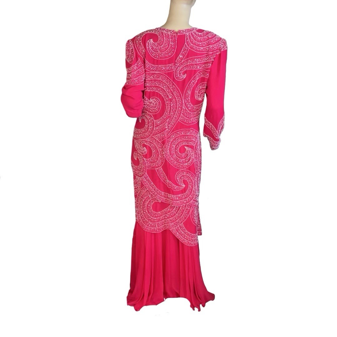 WOMEN’S VINTAGE 1980’S JACK PINK & WHITE BEADED FORMAL DRESS SIZE 14