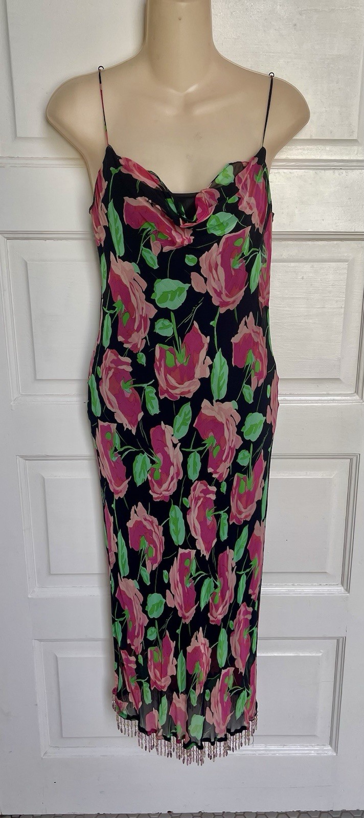 Vintage 90s Betsey Johnson Silk Floral Midi Dress Beads Size M Will Fit 6