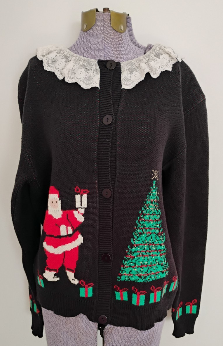 Vtg Christmas Cardigan Sweater Women’s Lace Collar Cottagecore USA L Holiday
