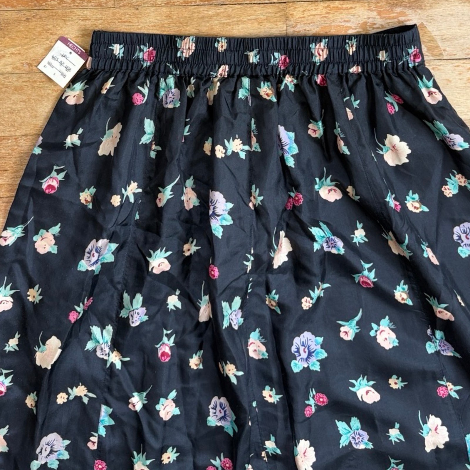 Vintage 100% Silk Floral Skirt Top Set Size Small Black Two Piece Midi Outfit