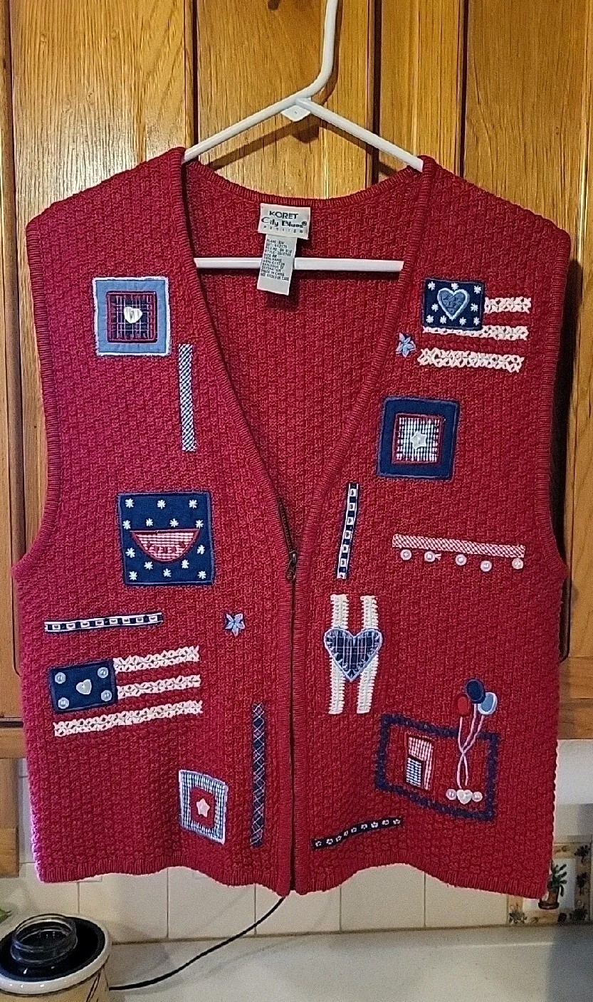 VTG Koret City Blues USA Patriotic Embroidered W/Buttons Zip Sweater Vest….