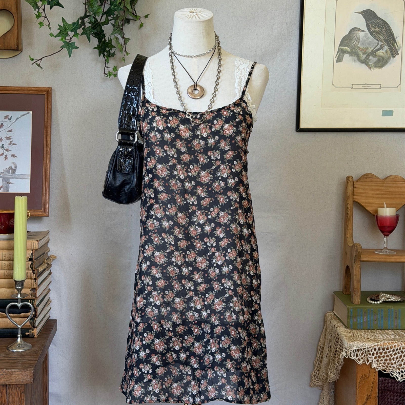 Girly Grunge Black Floral Print Slip Dress Indie Sleaze 90s Vintage Medium Sheer