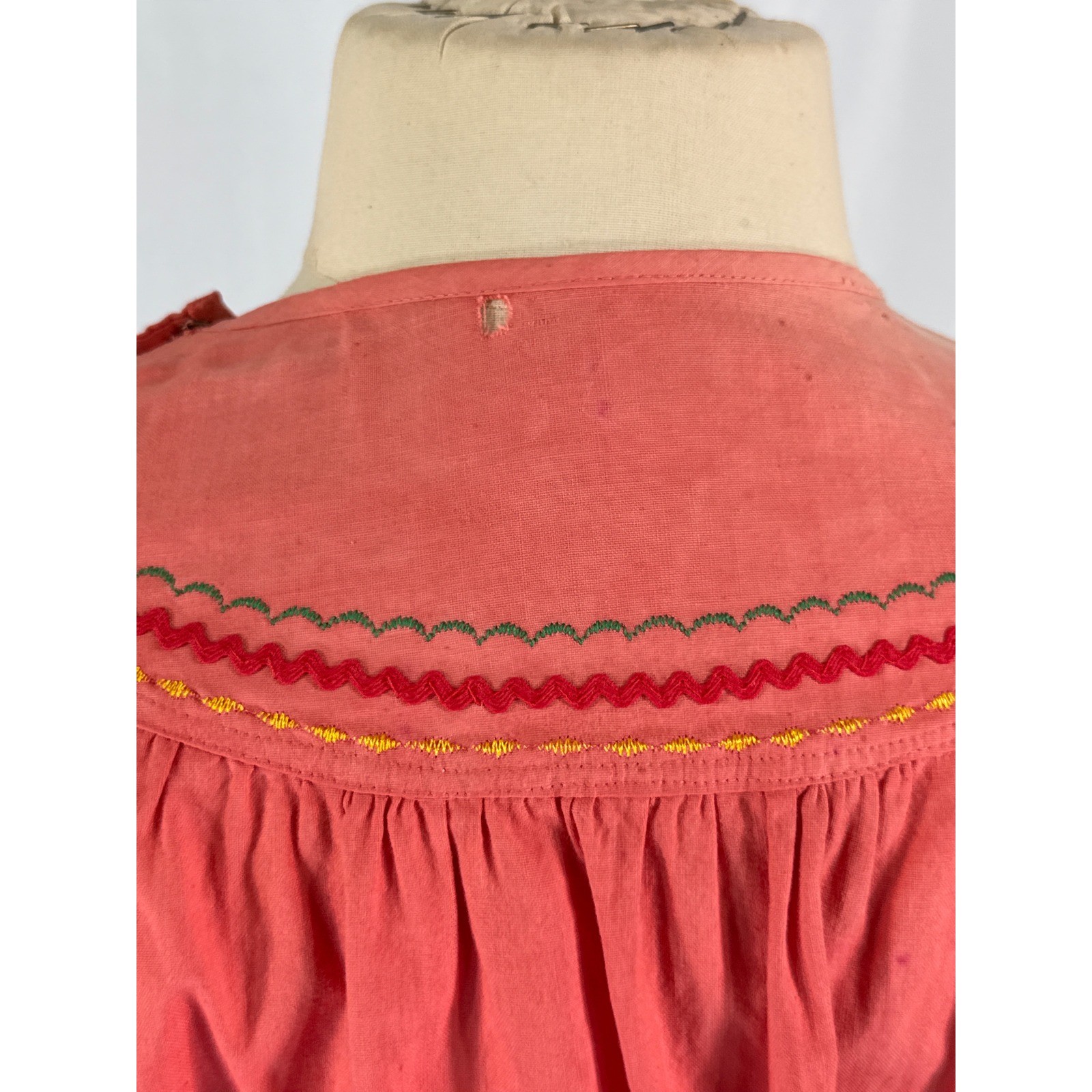 Vintage 70s Handmade Coral Peasant Blouse Strawberry Ribbon Trim Rickrack Boho