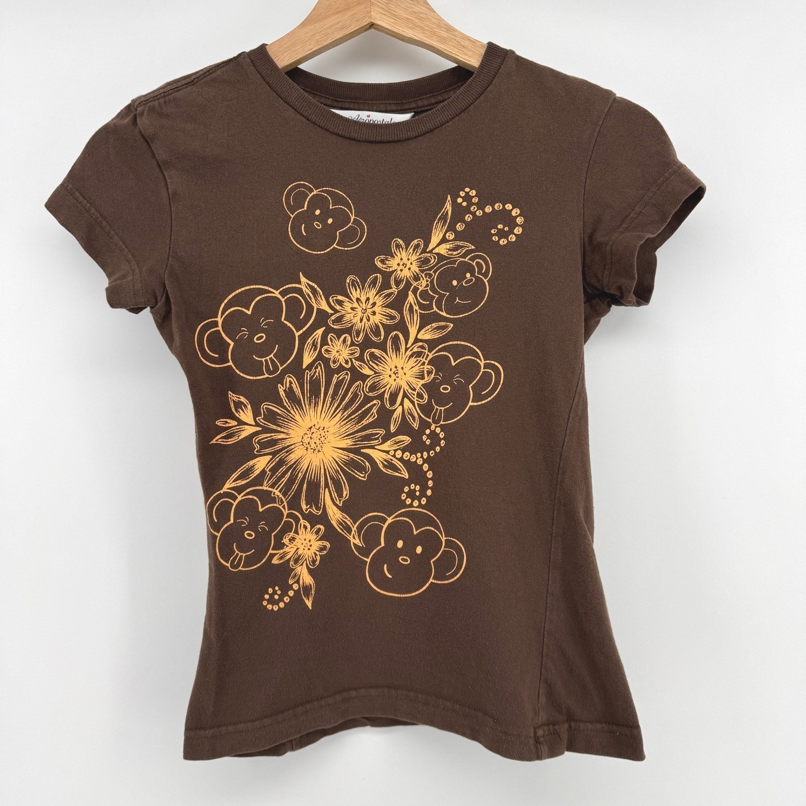 Aeropostale Boyfriend Tee Vintage XXS Brown Orange Monkey Floral Graphic T-Shirt