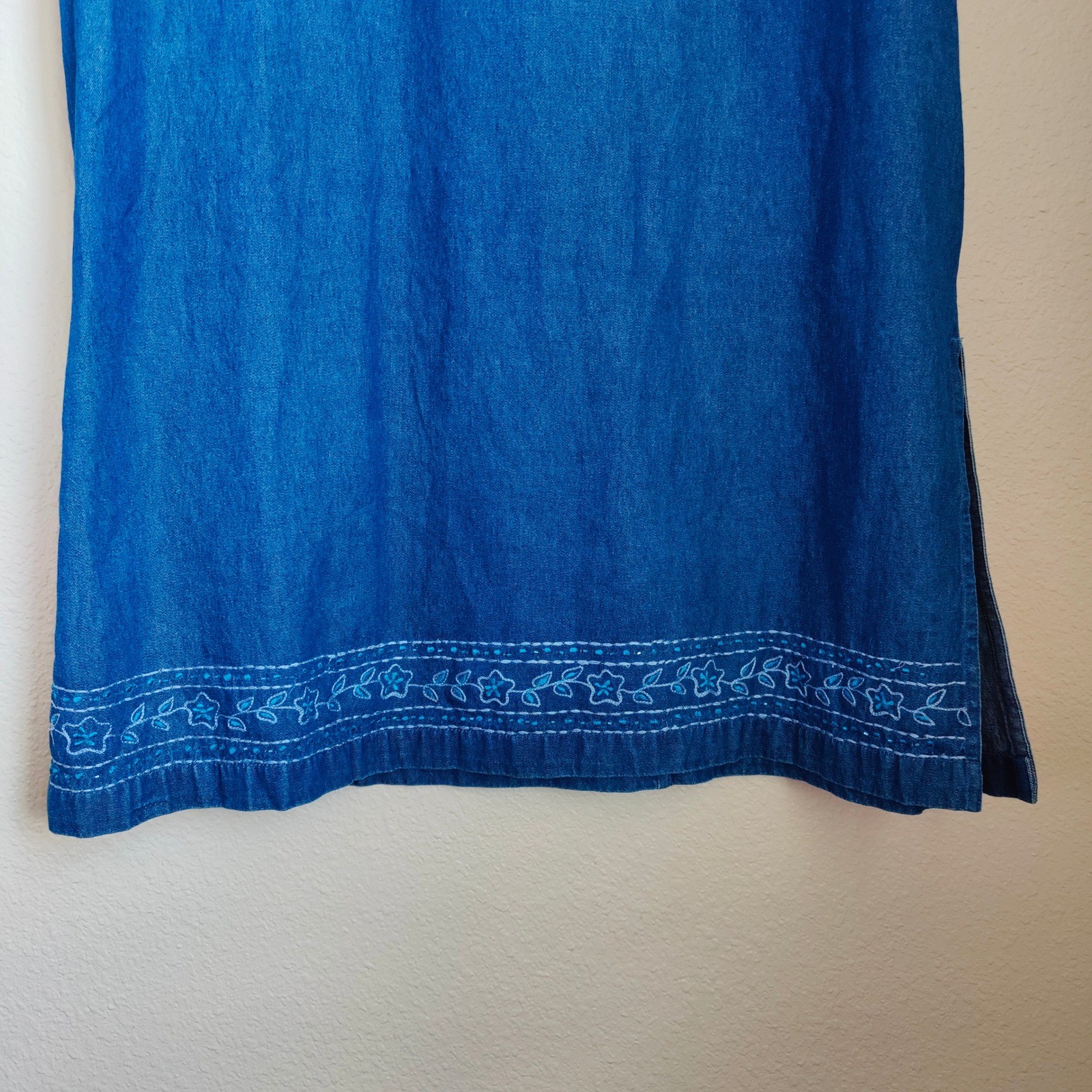 Erika Vintage 90s Denim Pinafore Jumper Dress Maxi Embroidered XL Cottagecore