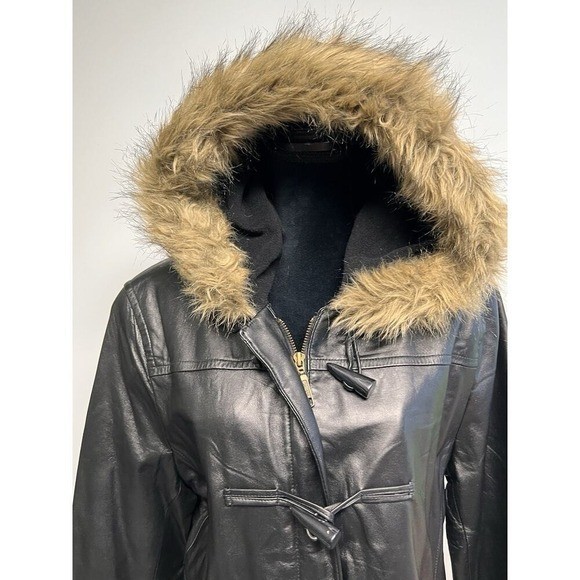 Vintage Soft Lambskin Leather Womens Coat Toggle Faux Fur Trim XL Grunge Goth