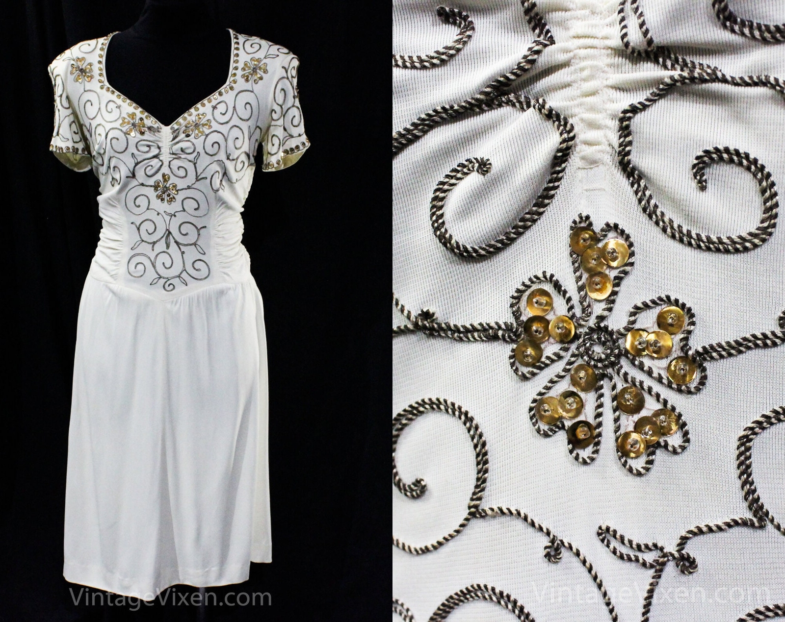 1930s White Dress – Medium Size 10 Short Sleeve Jersey Knit 30s Glamour Girl