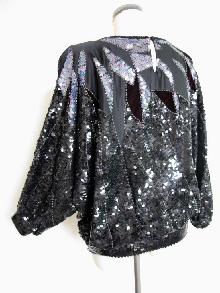 Vintage Silk Beaded Sequin Batwing Top M 80s Blouson Black Velvet Three Flaggs