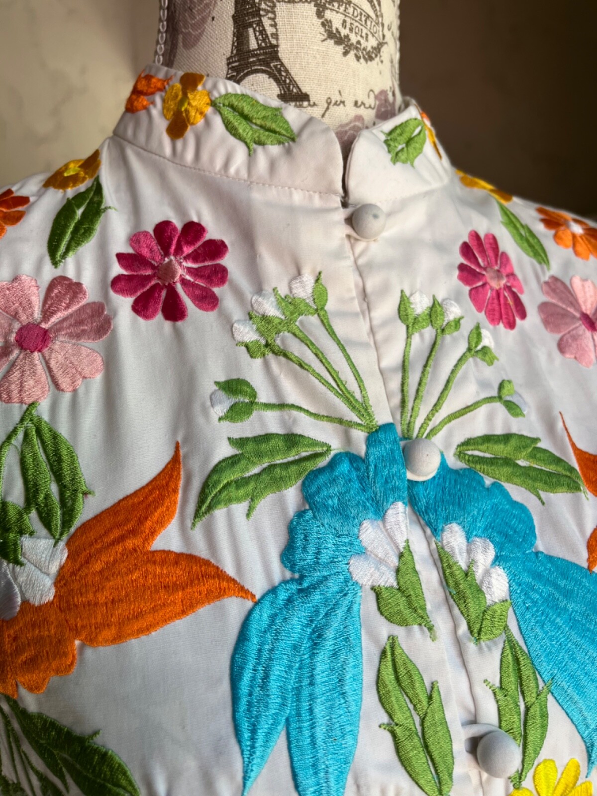60s Jacket~Long Tunic Blouse~Embroidered Floral Hippie~Mandarin Collar~Size ML