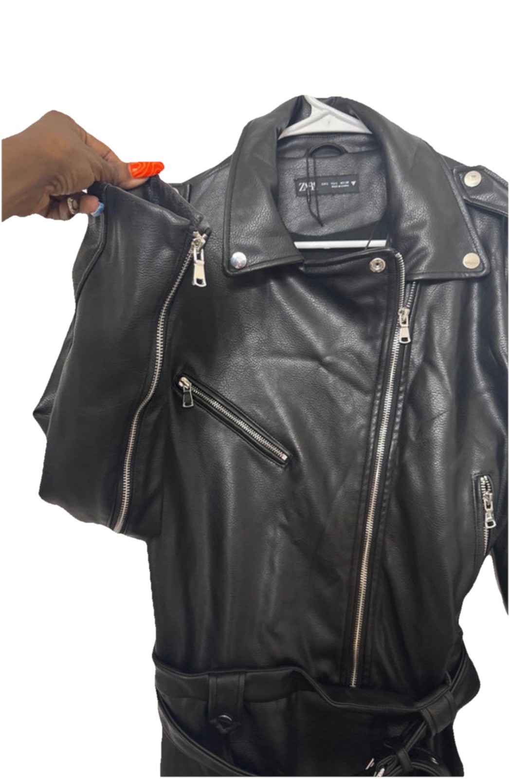 ZARA Women’s Faux Black Leather Biker Belted Zip Front Notch Collar Dress Size L