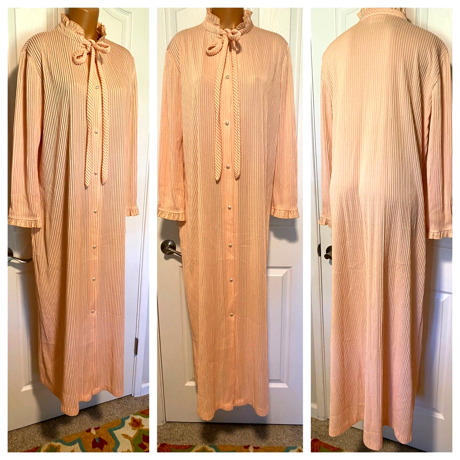 VTG 70’s JOLIE TWO BARBIE PEACHY PINK W/ SILVER THREADS & RUFFLE TRIM ROBE SZ L
