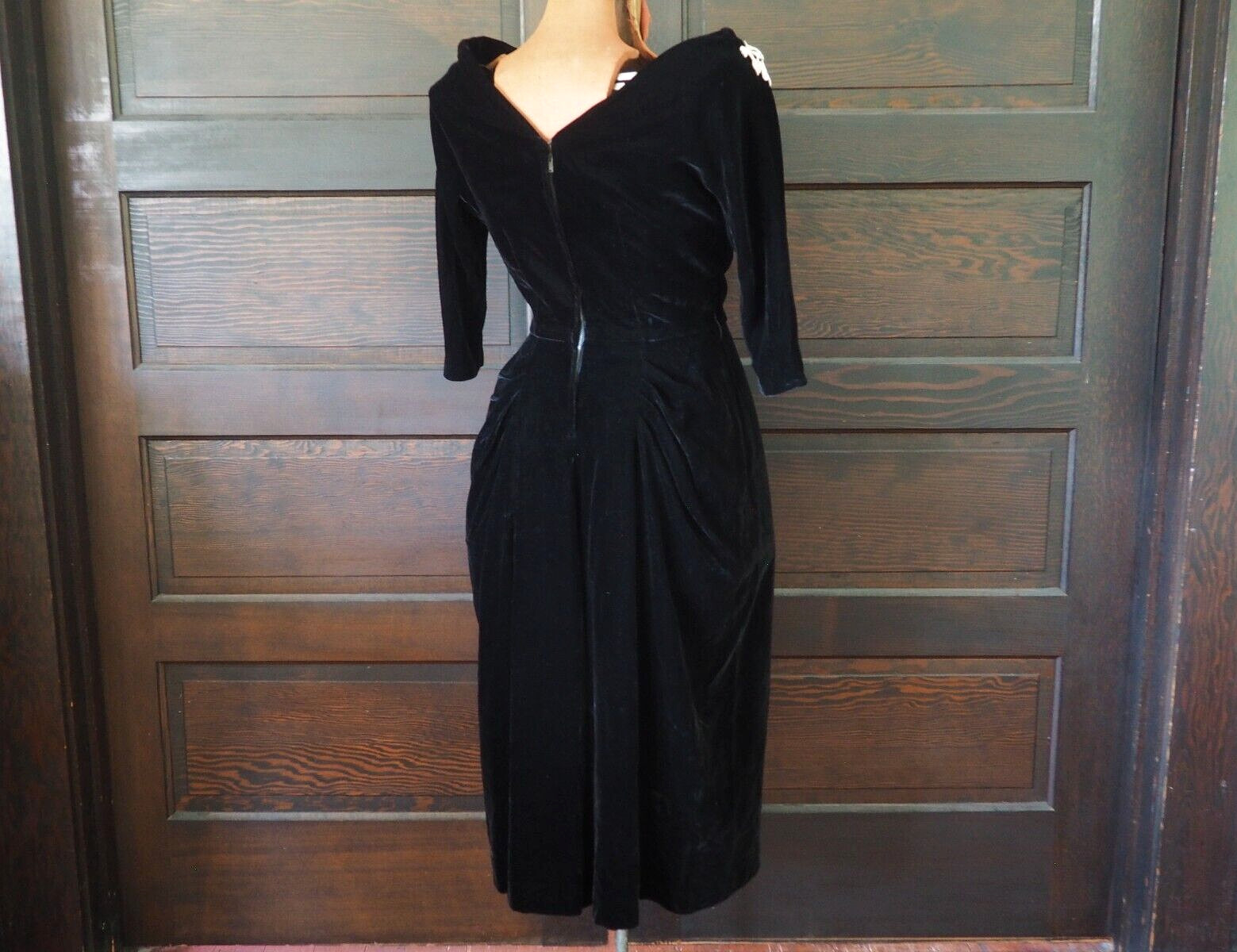 VTG 30s 40s Black Velvet Rhinestone Glam Pinup Party Cocktail Formal Dress Sz M