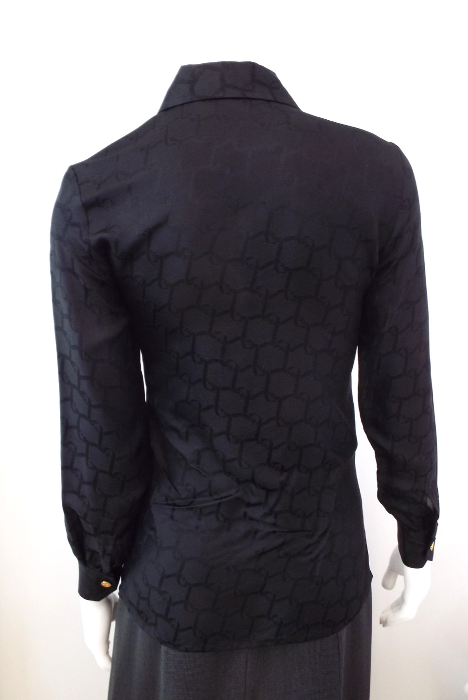 Vintage Roberta di Camerino Black Silk Blouse Shirt XS 6 Belt Logo Gold Buttons