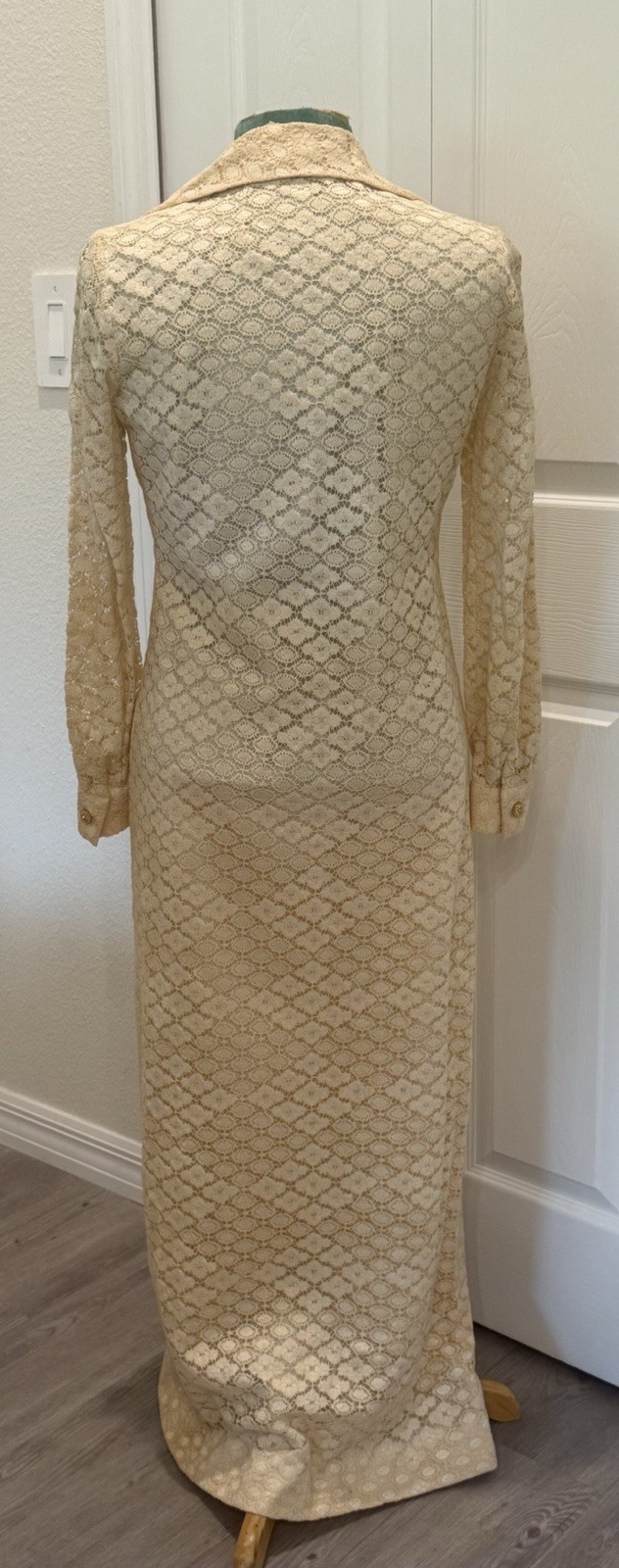 1960’s Evening Gown Coat Dress Cream Lace W/ Lining Gold Buttons Long Sleeve USA