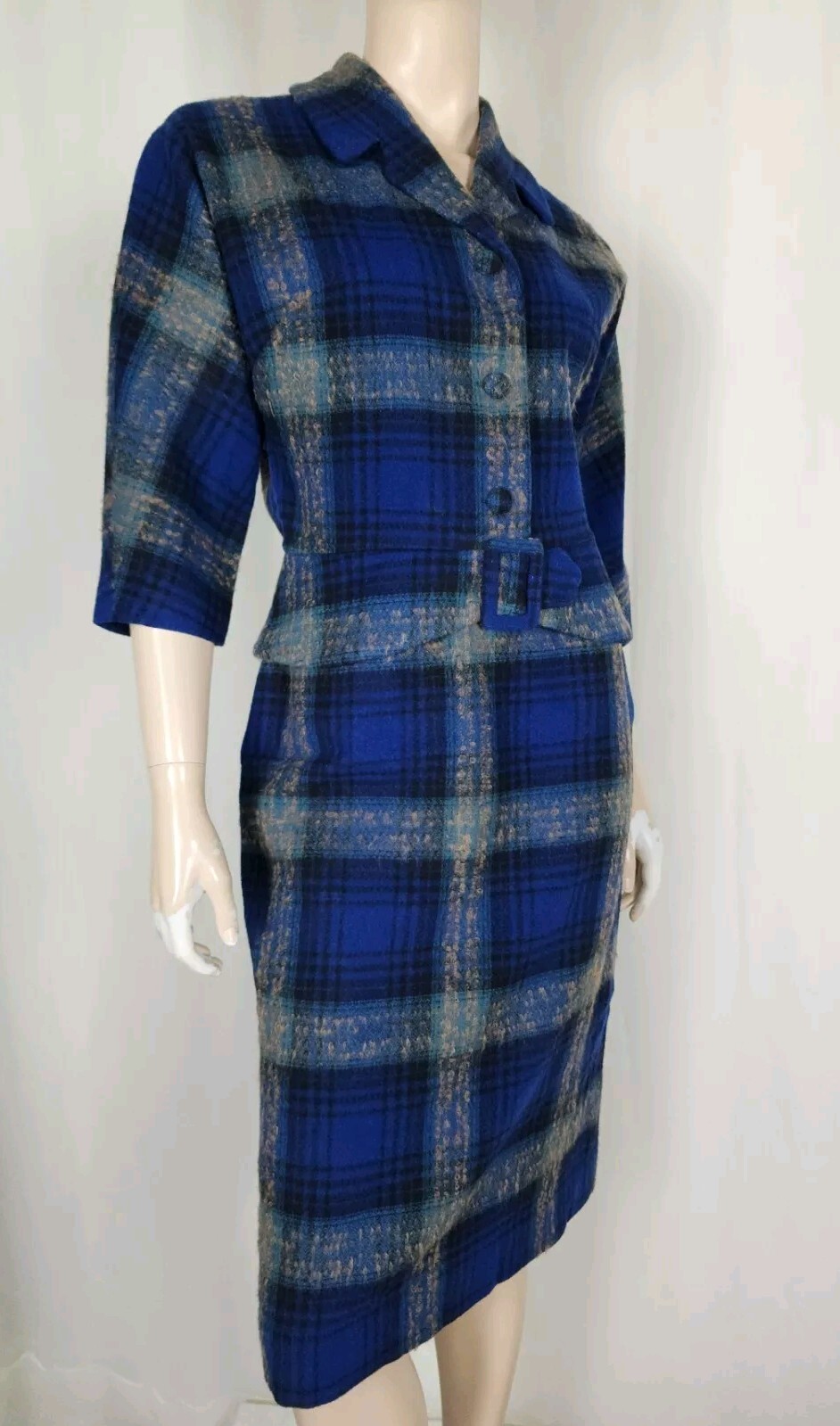 Vintage 40s 50s Earle Picard blue wool tartan plaid jacket skirt suit set S